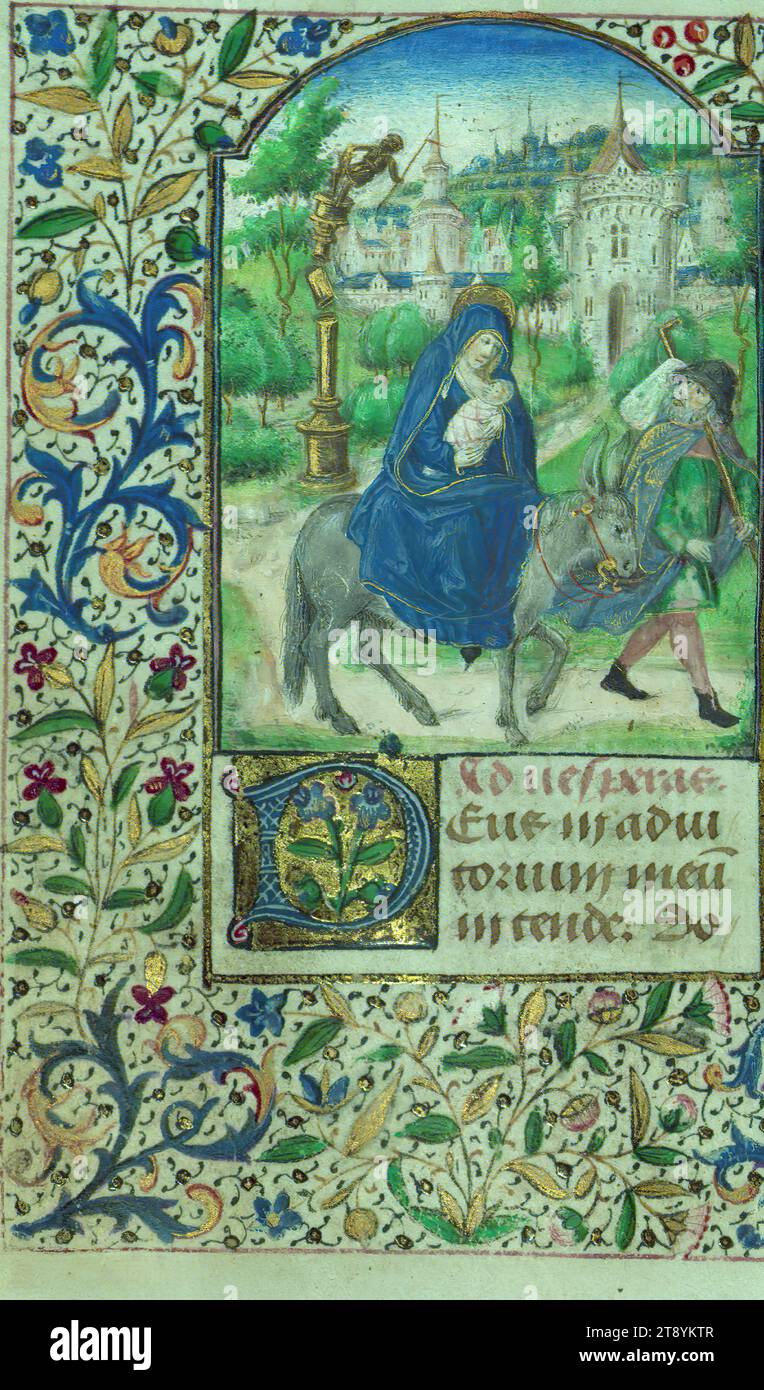 Livre d'heures, vol en Egypte et chute d'une idole, ce Livre d'heures a probablement été créé dans ou près d'Anvers ca. 1470, car son artiste a été influencé par l'illuminateur anversois Lieven van Lathem (actif là-bas de 1462 à 1493). Le livre semble avoir été lié au diocèse de Tournai peu après sa création, car une main précoce a ajouté un grand nombre de saints de cette région au calendrier en français. Ses douze miniatures pleine page survivantes sont de qualité, et rappellent étroitement l'approche de la composition et le style figuratif du Livre de prières de Charles le téméraire de ca Banque D'Images