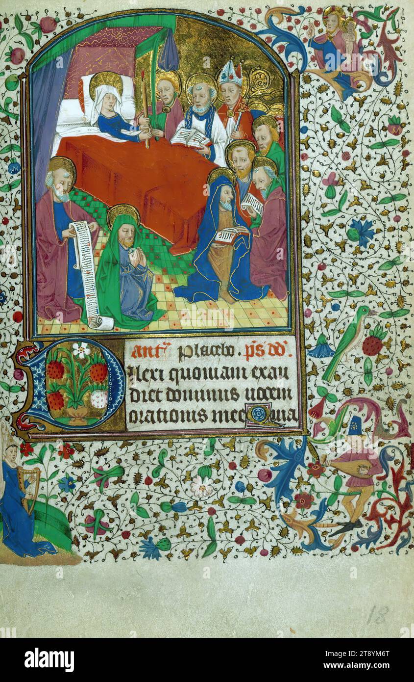 Livre d'heures, mort de la Vierge, avec Christ portant l'âme de la Vierge et le couple jouant de la musique ensemble en marge, ce livre d'heures a été achevé pour l'usage de Reims ca. 1450-1475 dans le nord-est de la France Banque D'Images