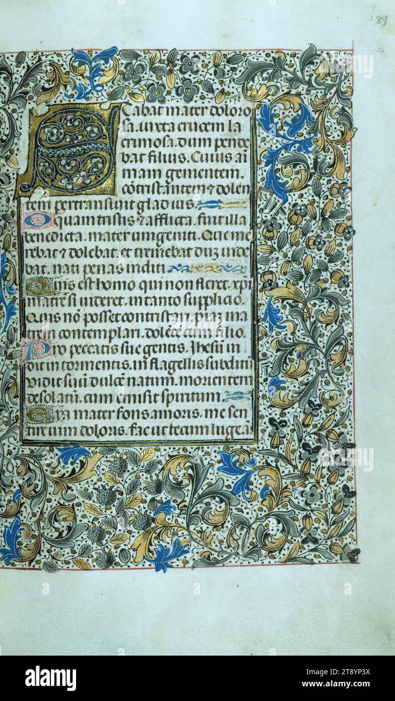 Livres d'heures, décoré initial, ce livre d'heures illuminé ca. 1470 contient des exemples étonnants de miniatures pleine page dans le style de Willem Vrelant, probablement originaires de Bruges. Étant donné que plusieurs cycles de prière contiennent des indications d'une femme suppliante, ainsi que d'une majorité de femmes saintes dans la litanie, le livre a été détenu ou codétenu par une femme. L’artiste ou les artistes ont choisi d’alterner entre les miniatures couleur et quasi-grisaille tout au long du texte et du calendrier, créant ainsi un programme d’images incroyablement varié Banque D'Images