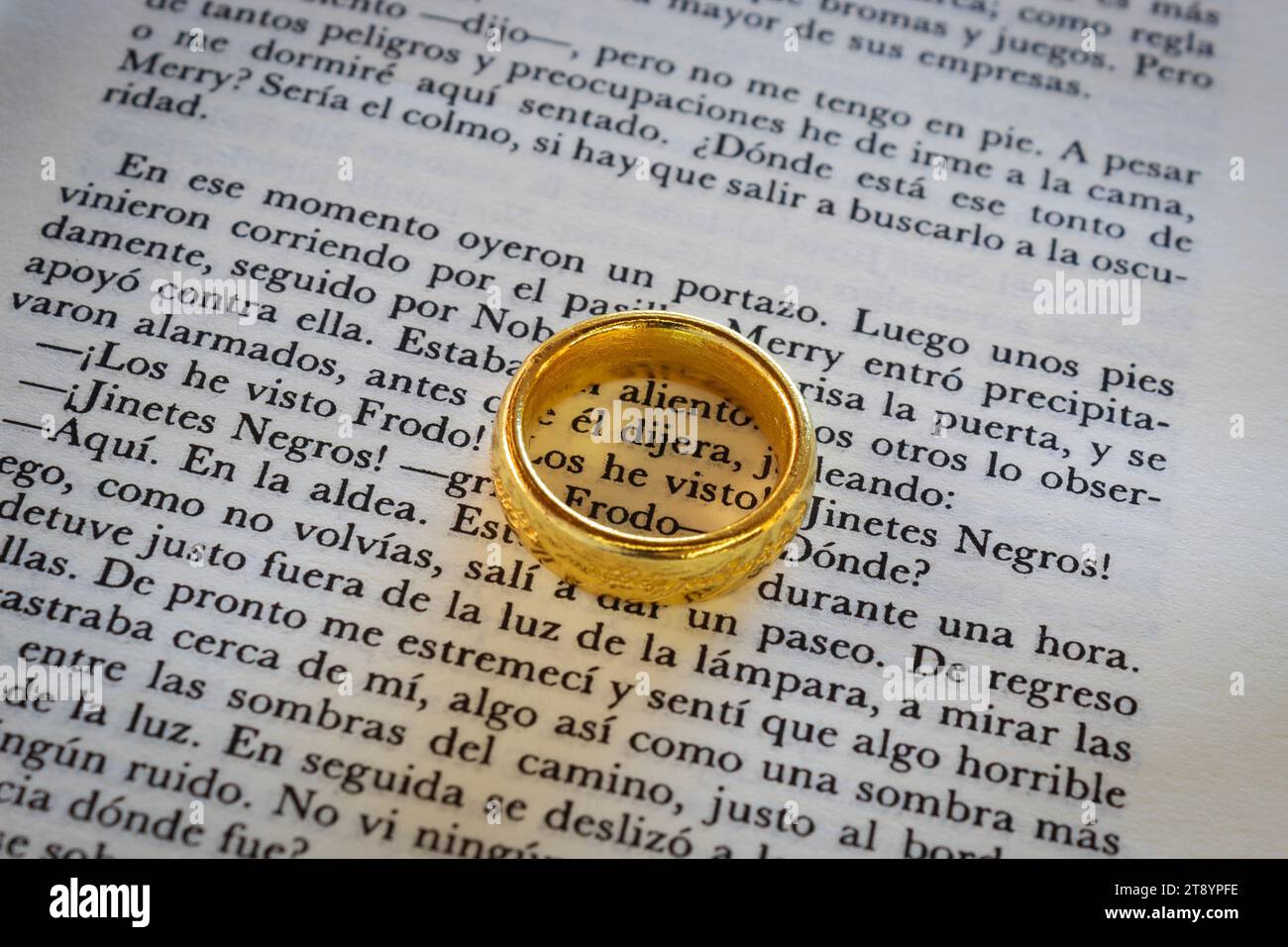 Gros plan sur un anneau de pouvoir du livre de texte du seigneur des anneaux en espagnol Banque D'Images