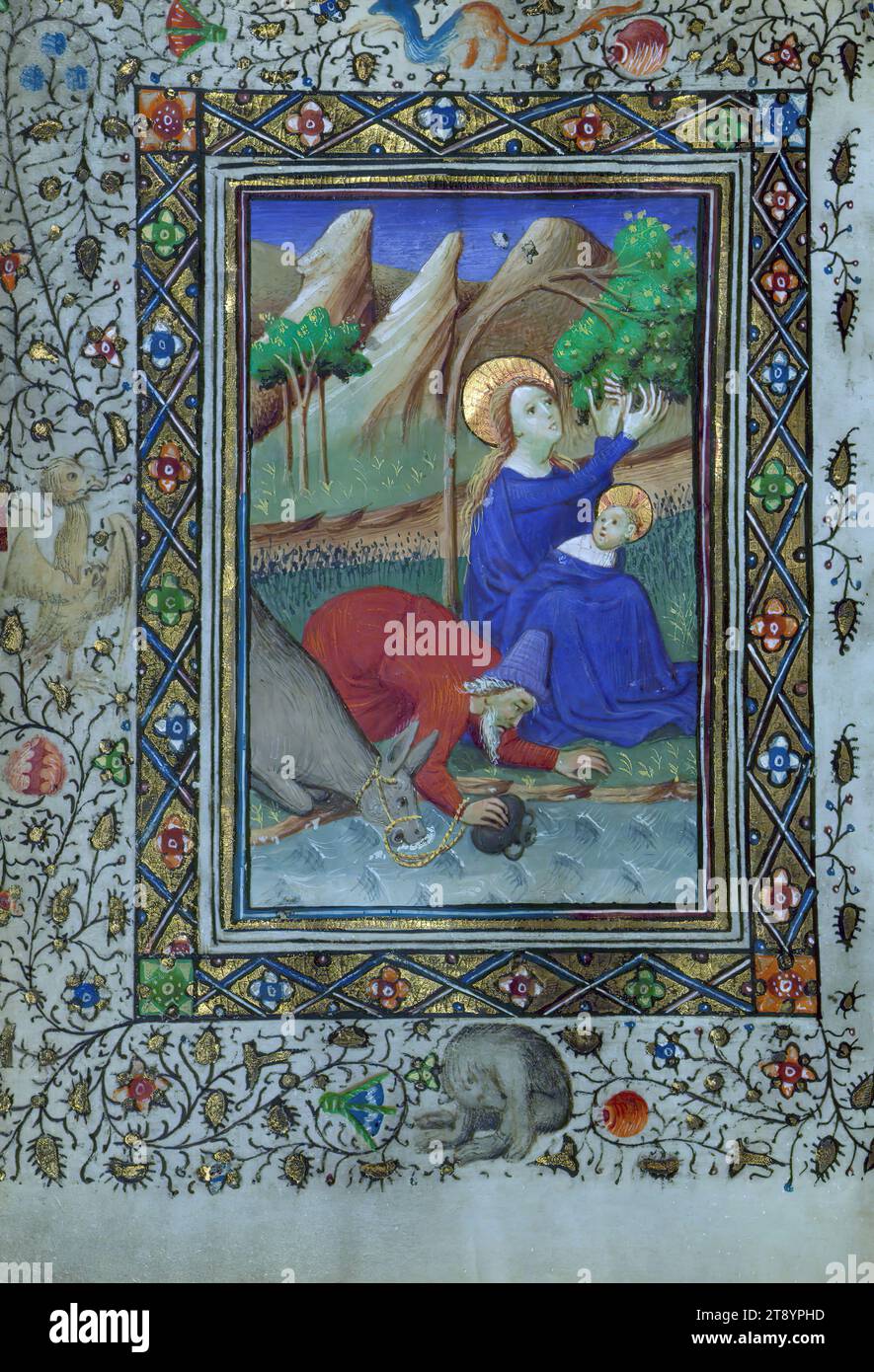 Livre des heures, repos sur le vol en Egypte, ce livre des heures, achevé ca. 1440, est un exemple de la production artistique des maîtres des rouleaux d'or, un groupe d'illuminateurs principalement actif à Bruges ca. 1410-50. L'usage liturgique combine Rome avec une variante rouennaise, en particulier dans les heures de la Vierge. Le livre met l'accent de façon inhabituelle sur St. Jodocus, représenté d'abord en compagnie d'autres saints et plus tard comme un seul portrait à la tête de son suffrage. SS Banque D'Images