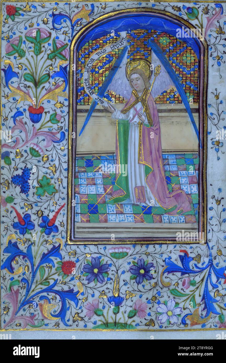 Livre des heures, St. Gabriel, ce livre d'heures de poche, ca. 1460-70, a été achevé dans le cercle de Willem Vrelant pour l'utilisation de Sarum. Avec vingt-sept miniatures existantes et vingt-deux initiales historiées, il est un exemple important des livres de prières réalisés dans le troisième quart du XIIIe siècle à Bruges pour les propriétaires anglais. Bien que ce manuscrit ne soit pas particulièrement unique parmi ses pairs, il est exemplaire en raison de son impressionnant programme pictural, y compris les miniatures susmentionnées et les initiales historiées Banque D'Images