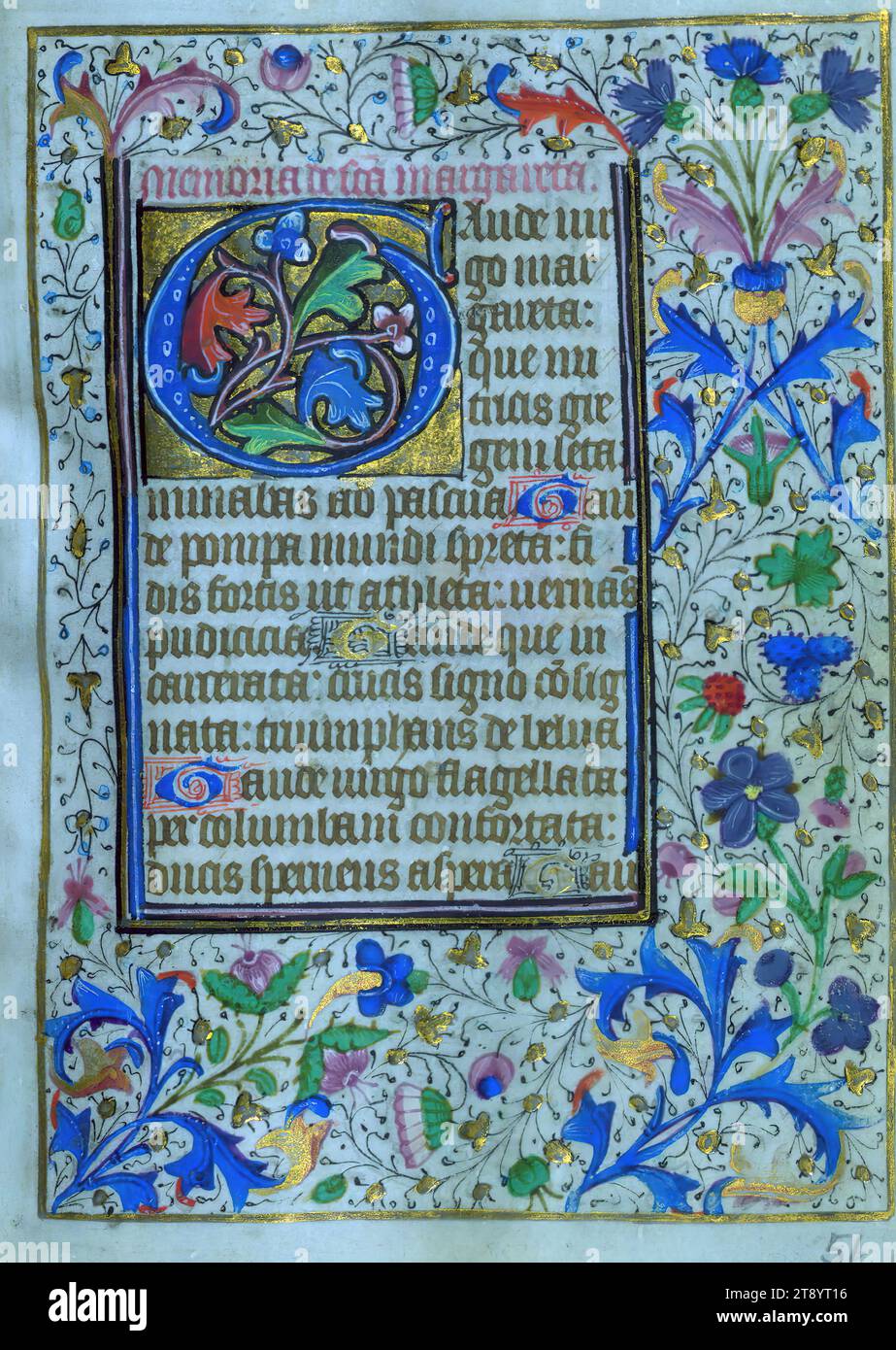 Livre d'heures, initial, ce livre d'heures de poche, ca. 1460-70, a été achevé dans le cercle de Willem Vrelant pour l'utilisation de Sarum. Avec vingt-sept miniatures existantes et vingt-deux initiales historiées, il est un exemple important des livres de prières réalisés dans le troisième quart du XIIIe siècle à Bruges pour les propriétaires anglais. Bien que ce manuscrit ne soit pas particulièrement unique parmi ses pairs, il est exemplaire en raison de son impressionnant programme pictural, y compris les miniatures susmentionnées et les initiales historiées Banque D'Images