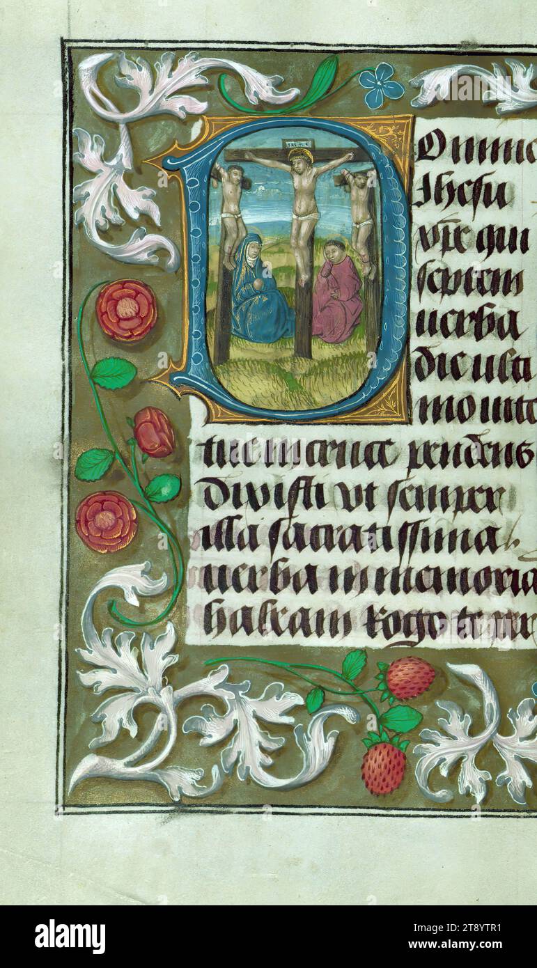 Heures du duc Adolphe de Clèves, initial 'd' avec la Crucifixion, ce livre d'heures a été achevé dans les années 1480 pour Adolphe, duc de Clèves, comte de la Mack, seigneur de Ravenstein et Wijnendale (1425-92), et membre de l'entourage des ducs de Bourgogne jusqu'en 1477 et par la suite en position de confiance personnelle sous l'archiduc Maximilien, époux de Marie de Bourgogne (d. 1482) Banque D'Images