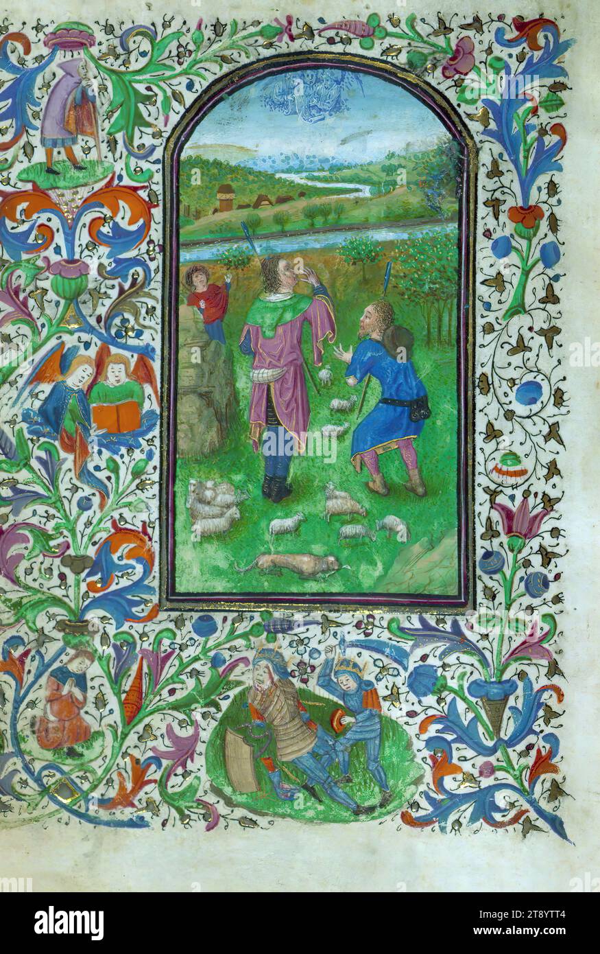 Livre d'heures, Annonciation aux bergers, ce livre d'heures de poche a été achevé pour l'usage de Rome ca. 1450 et a été illuminé sous l'influence des artistes des heures Turin-Milan et des maîtres des rouleaux d'or. Il existe treize miniatures existantes (insérées), thèmes de frontière typologique et drolleries. Alors que les miniatures existantes présentent élégance et maîtrise technique, la décoration figurative dans les bordures est marquée par son contraste. Cependant, les artistes collaborateurs semblent avoir pris un certain plaisir dans les drolleries adjacentes Banque D'Images