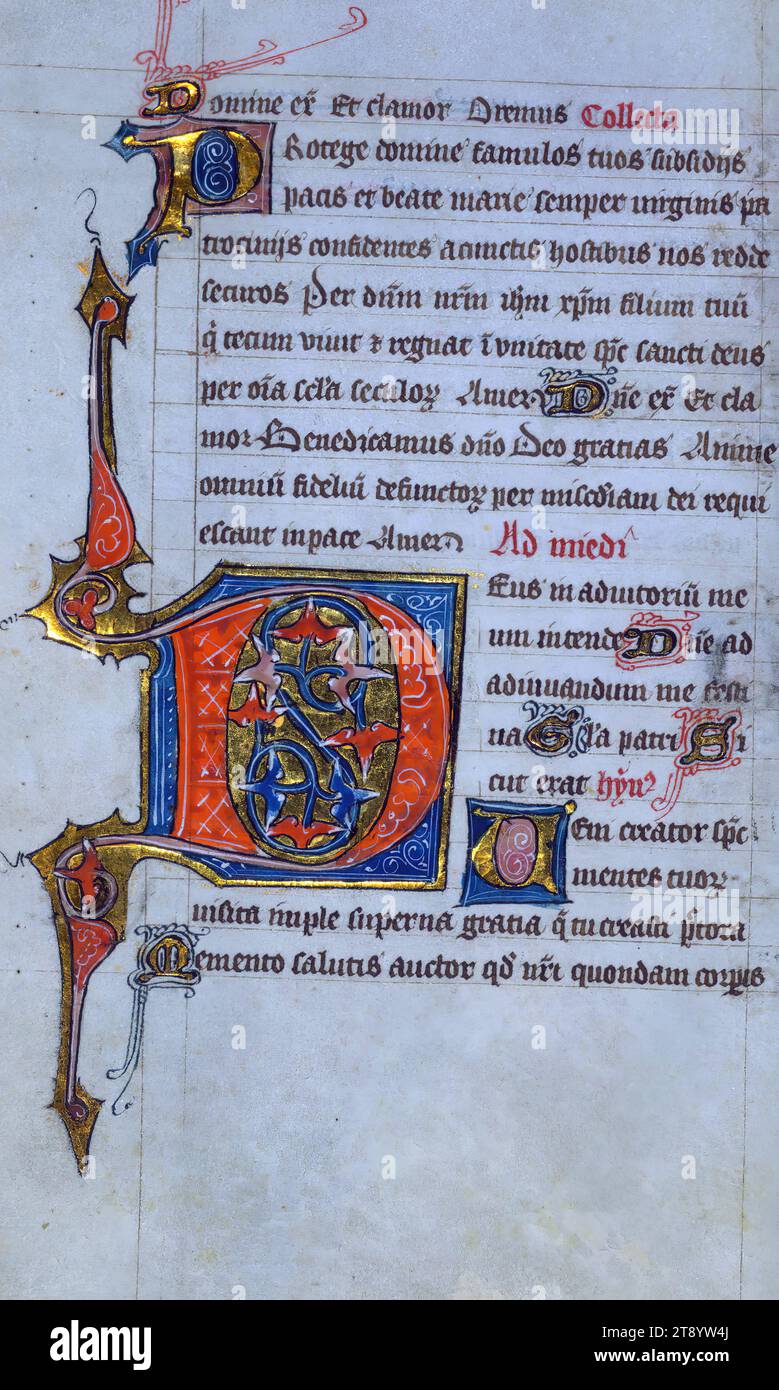 Psautier et Office of the Dead, initial, Dating from ca. de 1265 à 80, ce manuscrit comprend douze illustrations de calendrier, quatre miniatures de pleine page existantes et huit initiales historiques. Composé à l'origine du Psautier et de l'Office des morts (pour usage prémonstratensien), il a été annexé à un moment ultérieur pour inclure les heures de la Vierge d'un usage non identifié mais qui est lié à Thérouanne et Saint Omer. L'illumination est un composite des styles Gand, Hainaut et Liège Banque D'Images