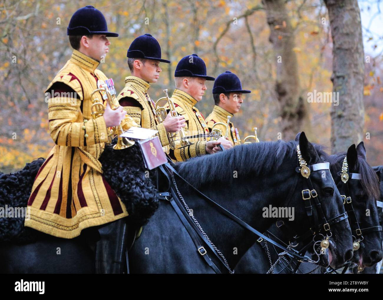 Londres, Royaume-Uni. 21 novembre 2023. La bande montée de la Household Cavalry. Les troupes se déplacent le long du Mall, accompagnant les chariots transportant des membres de la famille royale britannique et les visiteurs de l'État de Corée du Sud. Le Président de la République de Corée, son Excellence Yoon Suk Yeol, accompagné de Mme Kim Keon Hee, effectue une visite d’État au Royaume-Uni en tant qu’invité de leurs Majestés le Roi et la Reine. Crédit : Imageplotter/Alamy Live News Banque D'Images