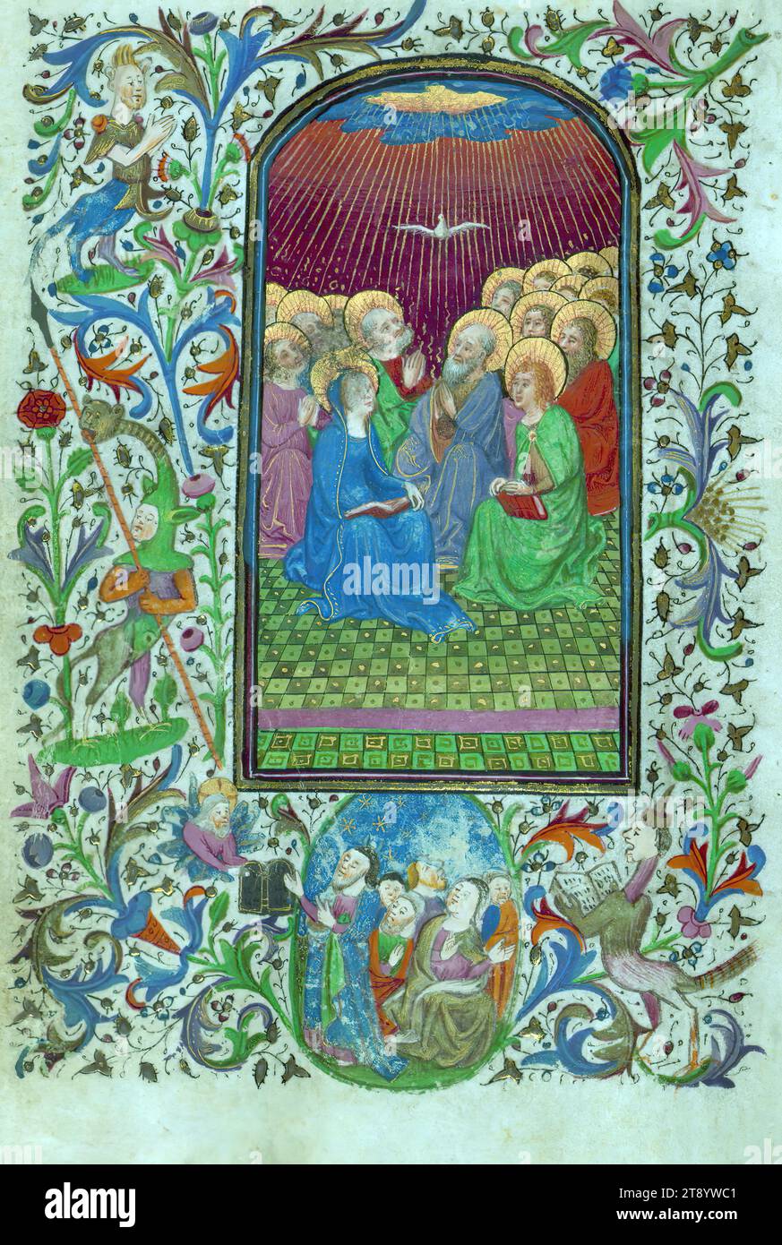 Livre d'heures, Pentecôte, ce livre d'heures de poche a été achevé pour l'usage de Rome ca. 1450 et a été illuminé sous l'influence des artistes des heures Turin-Milan et des maîtres des rouleaux d'or. Il existe treize miniatures existantes (insérées), thèmes de frontière typologique et drolleries. Alors que les miniatures existantes présentent élégance et maîtrise technique, la décoration figurative dans les bordures est marquée par son contraste. Cependant, les artistes collaborateurs semblent avoir pris un certain plaisir dans les drolleries adjacentes Banque D'Images