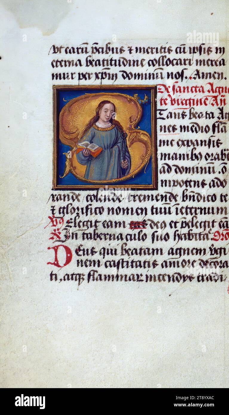 Livre de prières (compilation), initial 's' avec St. Agnès avec attribut de dent de St. Apollonia, ce livre de prières, ca. 1500, est une compilation de plusieurs textes d'au moins cinq mains différentes, avec les miniatures comportant plusieurs mains ainsi. Les frontières illusionnistes aux motifs exceptionnels sont particulièrement remarquables Banque D'Images