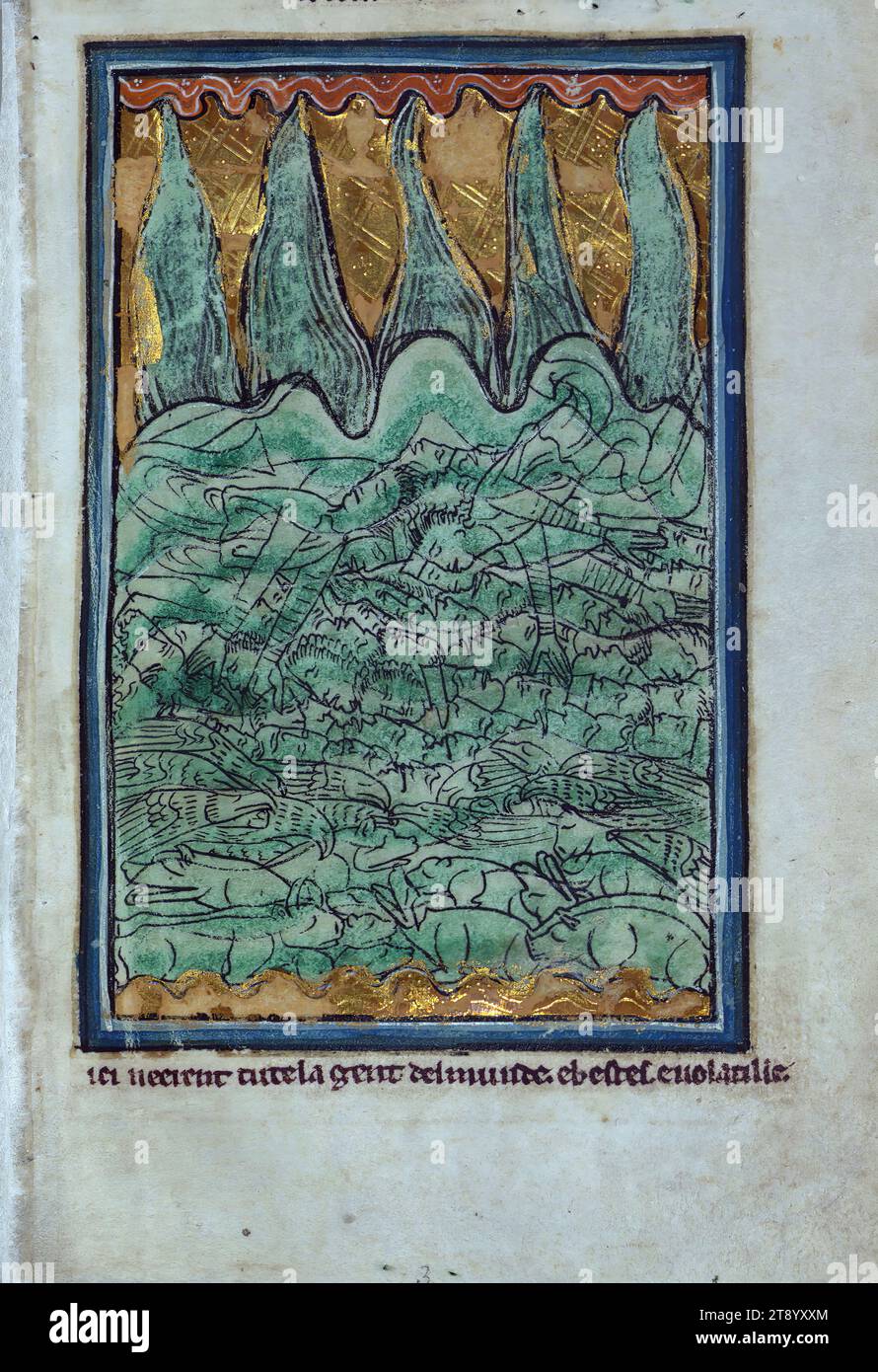 Manuscrit enluminé, Bible Pictures de William de Brailes, le déluge de Noé, Un volume comprenant vingt-quatre feuilles de Bible Pictures de W. de Brailes, un artiste anglais actif à Oxford au milieu du XIIIe siècle. Sept feuilles d'un même ensemble d'images sont maintenant au Musée Marmottan à Paris. Ces 31 feuilles sont tout ce qui reste d'un cycle d'images qui contenait autrefois au moins 98 miniatures, et qui était le plus long cycle de miniatures bibliques ayant survécu du XIIIe siècle en Angleterre Banque D'Images