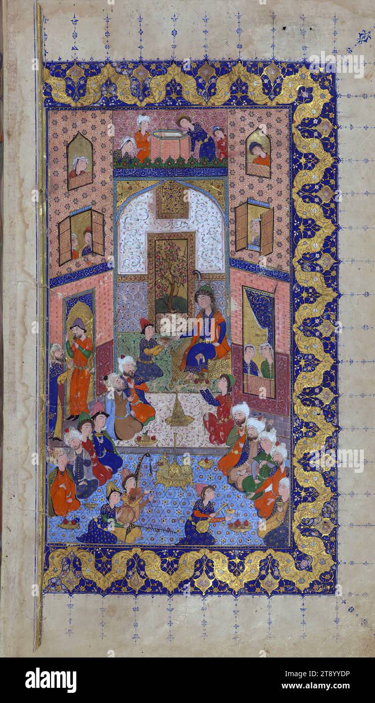 Œuvres collectées (Kulliyat), frontispice illustré sur deux pages représentant un banquet, il s'agit d'une copie Safavide illuminée et illustrée des œuvres collectées (Kulliyāt) de Saʿdī (d. 691 AH / 1292 EC). Il a été écrit par ʿAbd Allāh ibn Shaykh Murshid al-Kātib au Xe siècle AH / XVIe EC. Le manuscrit s'ouvre sur un médaillon enluminé, suivi d'un frontispice illustré de deux pages et d'un frontispice enluminé de deux pages. Le texte est illustré de sept tableaux supplémentaires Banque D'Images
