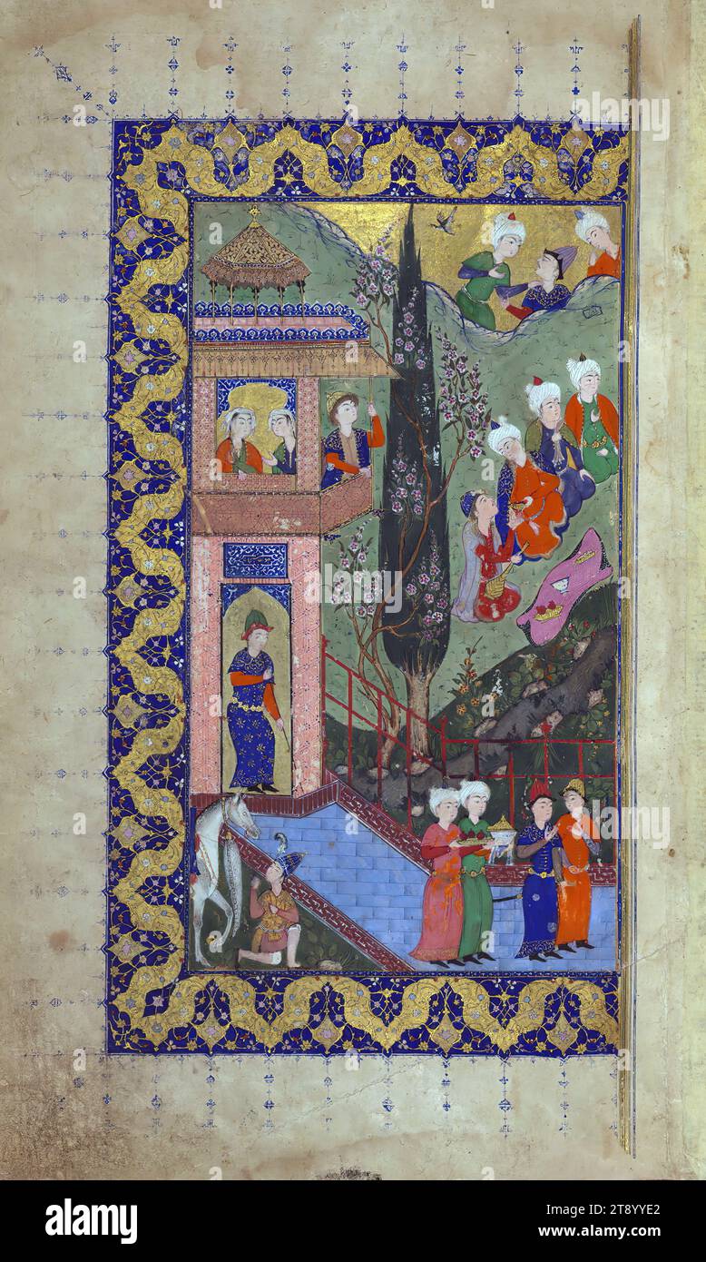 Œuvres collectées (Kulliyat), frontispice illustré sur deux pages représentant des figures, il s'agit d'une copie éclairée et illustrée safavide des œuvres collectées (Kulliyāt) de Saʿdī (d. 691 AH / 1292 EC). Il a été écrit par ʿAbd Allāh ibn Shaykh Murshid al-Kātib au Xe siècle AH / XVIe EC. Le manuscrit s'ouvre sur un médaillon enluminé, suivi d'un frontispice illustré de deux pages et d'un frontispice enluminé de deux pages. Le texte est illustré de sept tableaux supplémentaires Banque D'Images