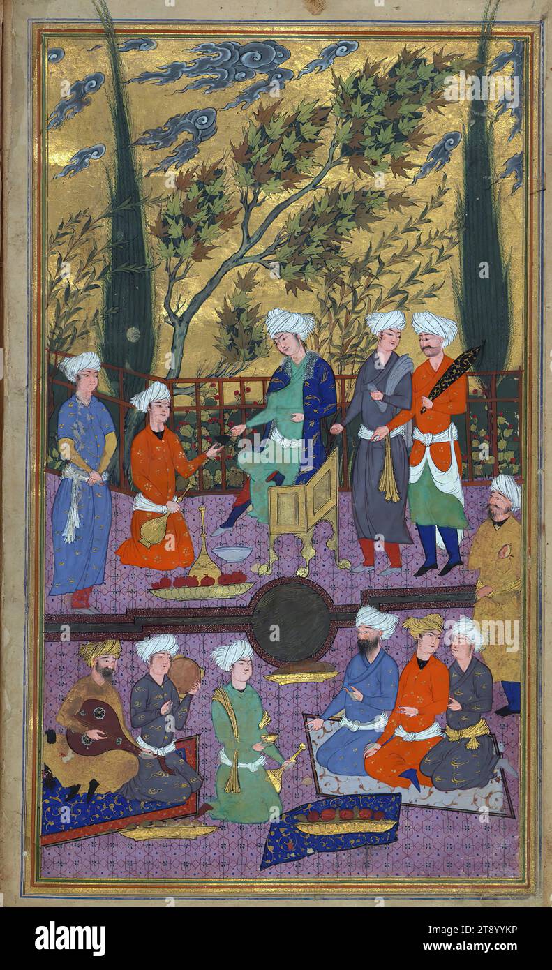 Manuscrit enluminé,Recueil de poèmes (divan), la première moitié d'une miniature à double page avec une scène de fête, écrit par l'illustre calligraphe safavide du 16e siècle Shāh Maḥmūd Nīshāpūrī, cet exemplaire du premier recueil de poésie (Dīvān-i avval ou Fātiḥat al-shabāb) de Nūr al-Dīn Jāmī (d. 898 AH / 1492 EC) a probablement été illustré au 11e siècle AH / 17e EC. Il s'ouvre sur une miniature à double page agissant comme un frontispice, et est suivi d'un élégant frontispice décoré à double page. Il contient 10 autres illustrations à divers endroits du texte Banque D'Images