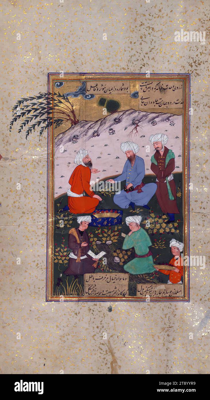 Manuscrit enluminé,Recueil de poèmes (divan), érudits engagés dans la discussion, écrit par l'illustre calligraphe safavide du 16e siècle Shāh Maḥmūd Nīshāpūrī, cette copie du premier recueil de poésie (Dīvān-i avval ou Fātiḥat al-shabāb) par Nūr al-Dīn Jāmī (d. 898 AH / 1492 ce) a probablement été illustré au 11e siècle AH / 17e EC. Il s'ouvre sur une miniature à double page agissant comme un frontispice, et est suivi d'un élégant frontispice décoré à double page. Il contient 10 autres illustrations à divers endroits du texte Banque D'Images