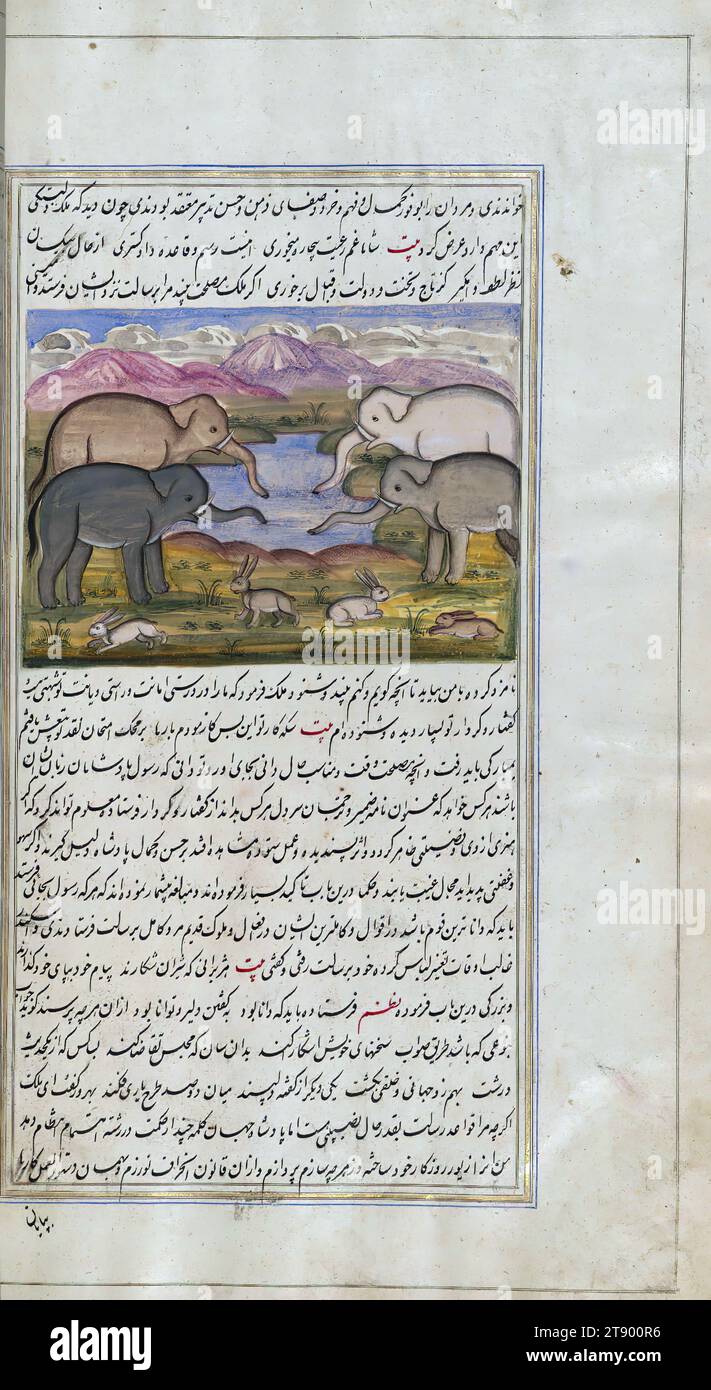 Les lumières de Canopus, quatre éléphants à la recherche d'eau viennent à un lieu habité par des lièvres, il s'agit d'une copie illuminée et illustrée de Anvār-i Suhaylī (les lumières de Canopus), datant du XIIIe siècle AH / XIXème EC. C'est une version persane de Kalīlah wa-Dimnah (les fables de Bīdpāy). Il a été achevé le 26 Jumādá I 1264 AH / 1847 ce par Mīrzā Raḥīm. Le texte est écrit en écriture nastaʿliq à l'encre noire et rouge, révélant l'influence de l'écriture shikastah. Il y a 123 tableaux illustrant le texte Banque D'Images