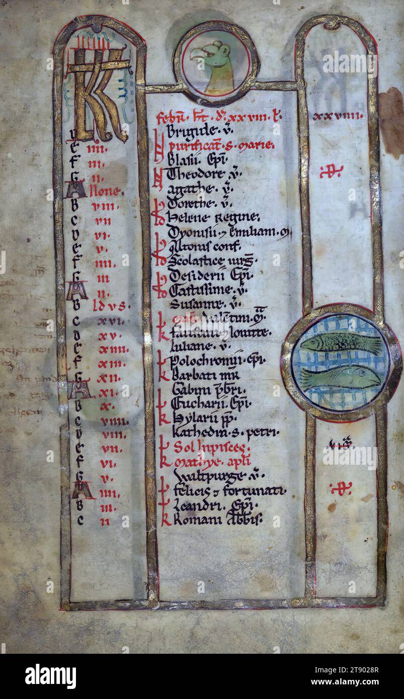 Psalter, February Calendar with Griffin (?) Et poissons en cocarde, ce psautier a été produit dans un monastère dans le diocèse d'Augsbourg au milieu du XIIIe siècle, comme le montrent les entrées dans le calendrier et la litanie. La décoration comprend six miniatures pleine page, dix initiales historiées et des cocarnes saisonnières et zodiacales pour chaque mois. Le texte a été fourni avec des notes marginales tout au long en latin et en allemand, et un acte du XIVe siècle discutant de la propriété des familles Bazth et Ladon a été inclus comme une feuille de vol (ii v Banque D'Images