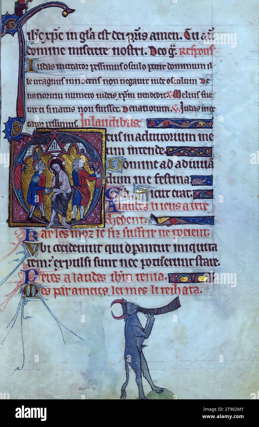 Livre des heures, flagellation, et un taureau soufflant une corne à partir d'un cycle marginal d'images des funérailles de Renard le Renard, c'est un Livre des heures finement illuminé et iconographiquement riche, réalisé en Angleterre à la fin du XIIIe siècle. Le manuscrit est incomplet et mal relié. Le manuscrit contient un certain nombre de textes inhabituels, y compris les heures de Jésus crucifié, et le Bureau de Sainte Catherine. Le patron du manuscrit n'est pas clair : une femme est représentée comme priant dans de nombreuses initiales, mais les rubriques dans le Bureau des morts mentionnent « freres » Banque D'Images