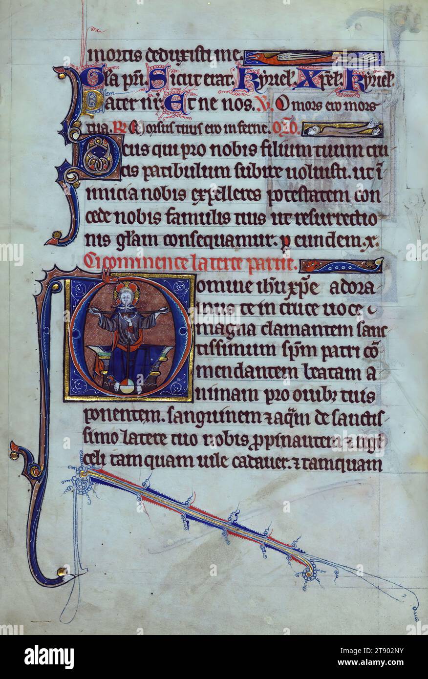 Livre des heures, Trinité (Trône de Miséricorde), c'est un livre des heures finement illuminé et iconographiquement riche, fabriqué en Angleterre à la fin du XIIIe siècle. Le manuscrit est incomplet et mal relié. Le manuscrit contient un certain nombre de textes inhabituels, y compris les heures de Jésus crucifié, et le Bureau de Sainte Catherine. Le patron du manuscrit n'est pas clair : une femme est représentée comme priant dans de nombreuses initiales, mais les rubriques dans le Bureau des morts mentionnent « freres » Banque D'Images