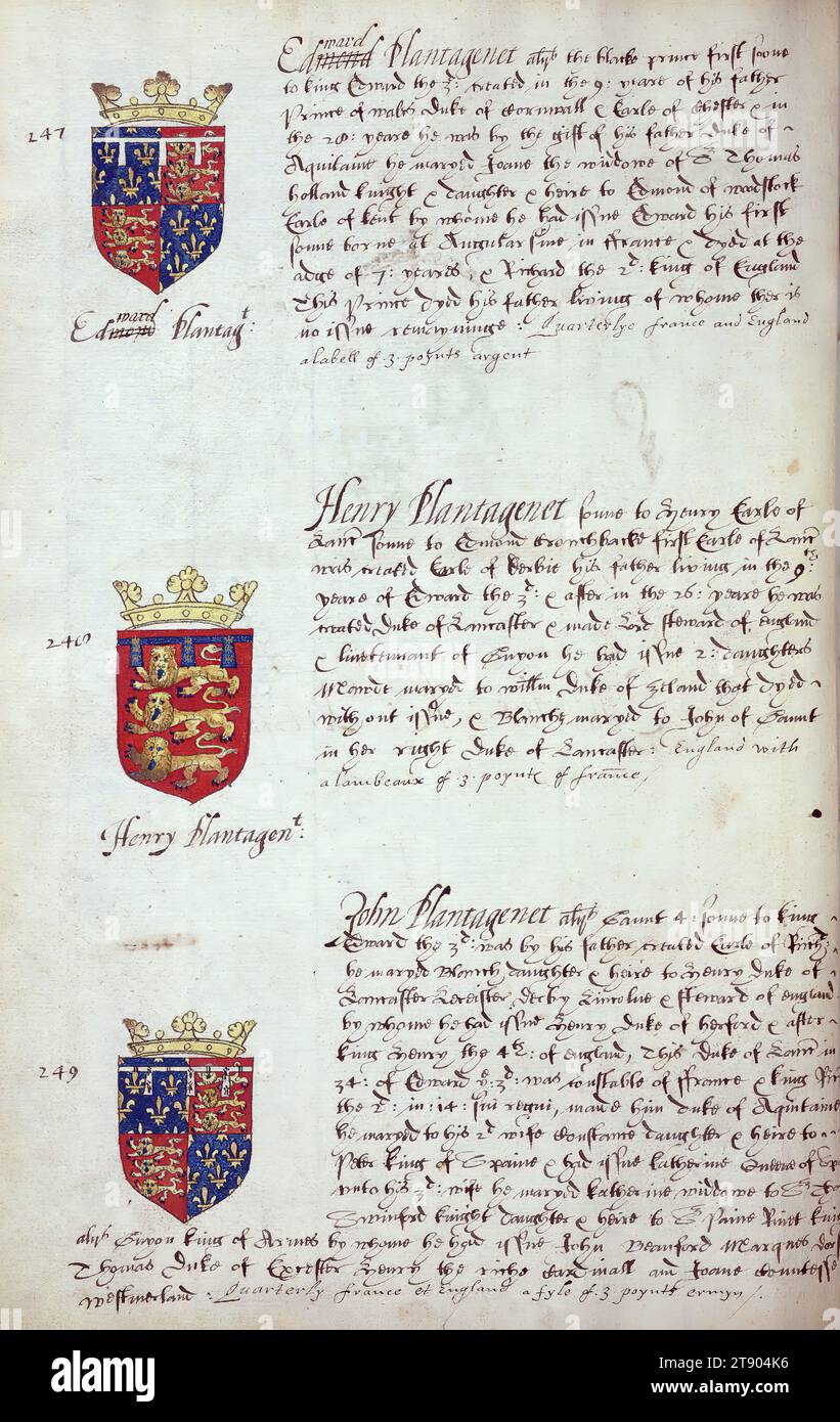 Livre d'héraldique anglaise, Armoiries d'Edward Plantagenet, Henry Plantagenet et John Plantagenet, ce livre d'héraldique anglaise a été achevé ca. 1589. Le manuscrit appartenait à la famille Spencer, comme on le sait par des inscriptions sur les premières feuilles de mouche, y compris la devise «Dieu défend le droit» (Dieu défend la droite). Cette devise a longtemps été associée à la famille Spencer d'Angleterre, qui est la lignée familiale de la princesse Diana, ainsi qu'aux Spencer qui étaient parmi les fondateurs de la Virginie Banque D'Images