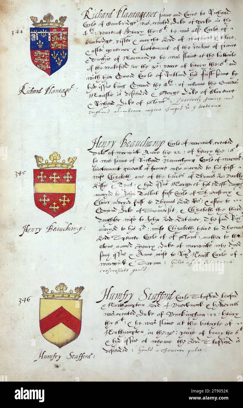 Livre d'héraldique anglaise, Armoiries de Richard Plantagenet, Henry Beauchamp, et Humfry Stafford, ce livre d'héraldique anglaise a été achevé ca. 1589. Le manuscrit appartenait à la famille Spencer, comme on le sait par des inscriptions sur les premières feuilles de mouche, y compris la devise «Dieu défend le droit» (Dieu défend la droite). Cette devise a longtemps été associée à la famille Spencer d'Angleterre, qui est la lignée familiale de la princesse Diana, ainsi qu'aux Spencer qui étaient parmi les fondateurs de la Virginie Banque D'Images