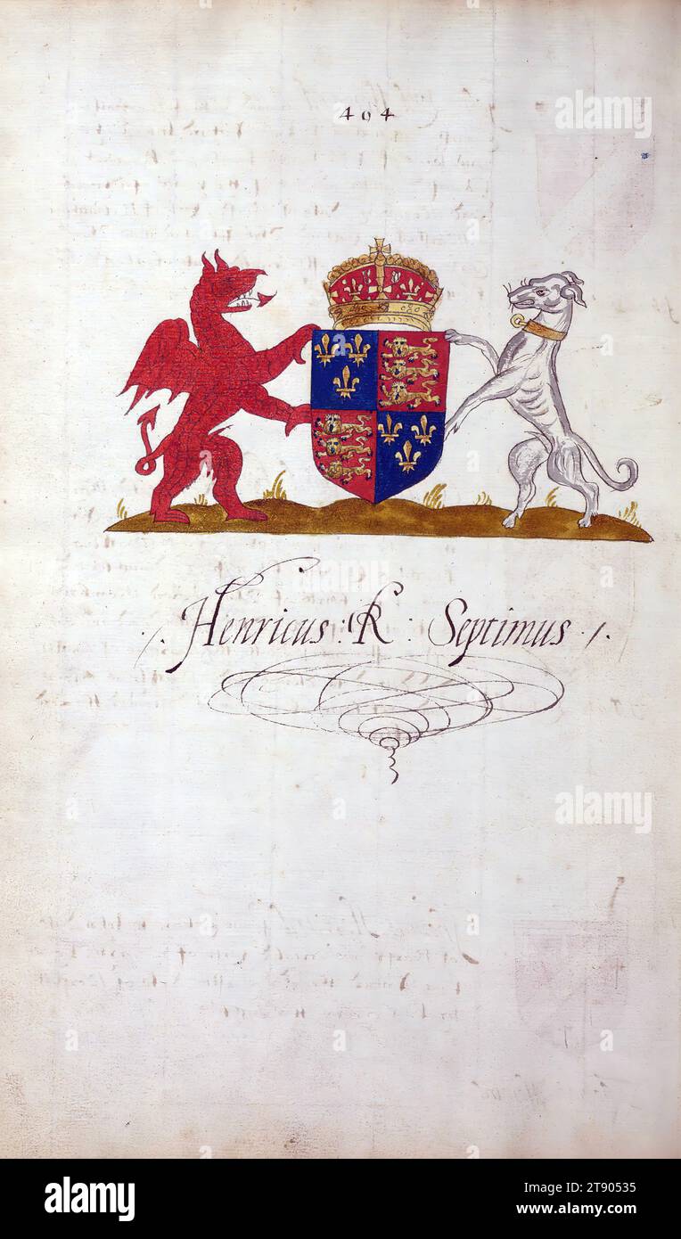 Livre d'héraldique anglaise, Armoiries de Henricus Rex Septimus, ce livre d'héraldique anglaise a été achevé ca. 1589. Le manuscrit appartenait à la famille Spencer, comme on le sait par des inscriptions sur les premières feuilles de mouche, y compris la devise «Dieu défend le droit» (Dieu défend la droite). Cette devise a longtemps été associée à la famille Spencer d'Angleterre, qui est la lignée familiale de la princesse Diana, ainsi qu'aux Spencer qui étaient parmi les fondateurs de la Virginie Banque D'Images