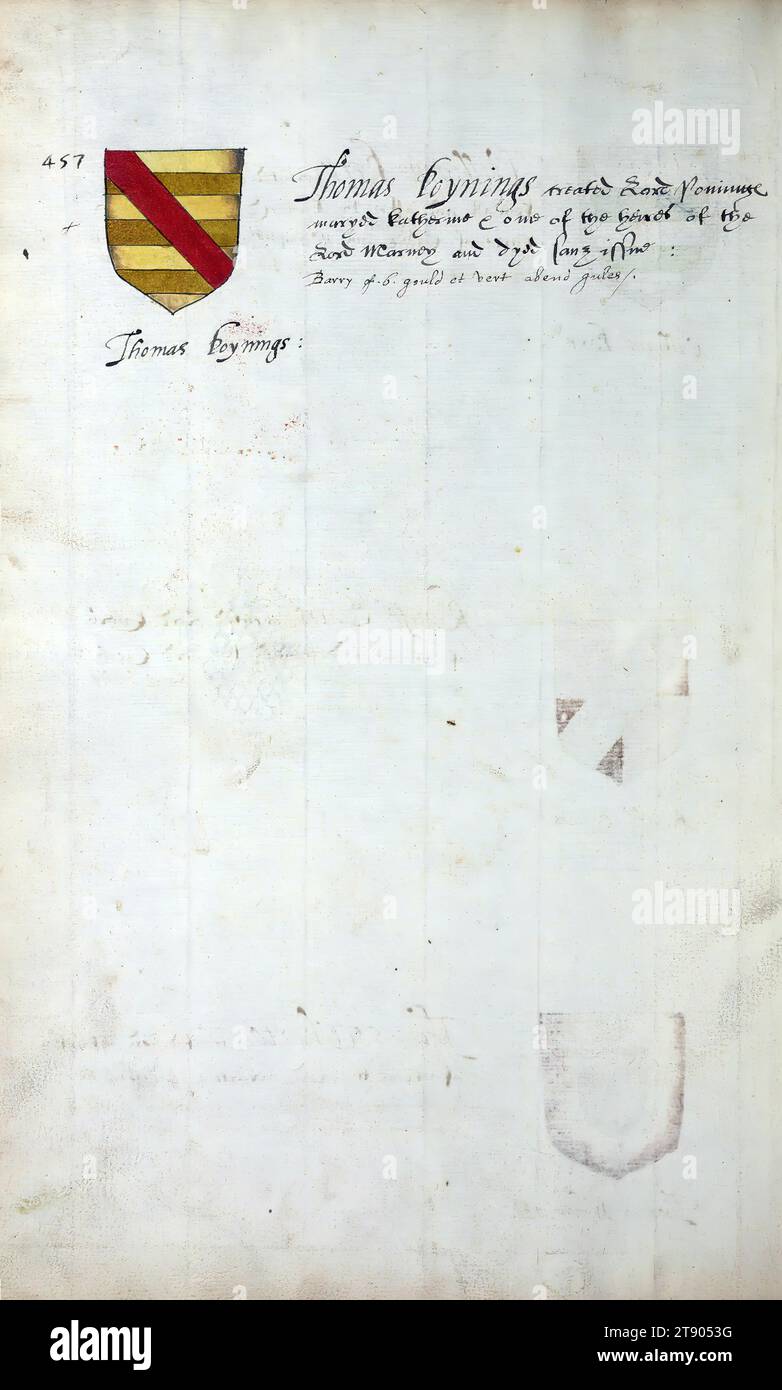 Livre d'héraldique anglais, Thomas Poynings, ce livre d'héraldique anglais a été achevé ca. 1589. Le manuscrit appartenait à la famille Spencer, comme on le sait par des inscriptions sur les premières feuilles de mouche, y compris la devise «Dieu défend le droit» (Dieu défend la droite). Cette devise a longtemps été associée à la famille Spencer d'Angleterre, qui est la lignée familiale de la princesse Diana, ainsi qu'aux Spencer qui étaient parmi les fondateurs de la Virginie Banque D'Images