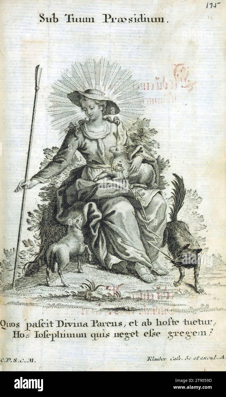 Livre de prières, Christ comme protecteur, ce manuscrit tardif ressemble à bien des égards à un livre imprimé, avec des numéros de page, des en-têtes de chapitre, et une table des matières étendue. Le livre était destiné aux jeunes femmes et contient une grande variété de prières, d'enseignements et de réflexions. Il est illustré partout avec des gravures insérées par un certain nombre d'artistes, évidemment découpées d'autres livres ; la plupart portent les noms des artistes, et beaucoup ont des numéros de leurs éditions originales Banque D'Images