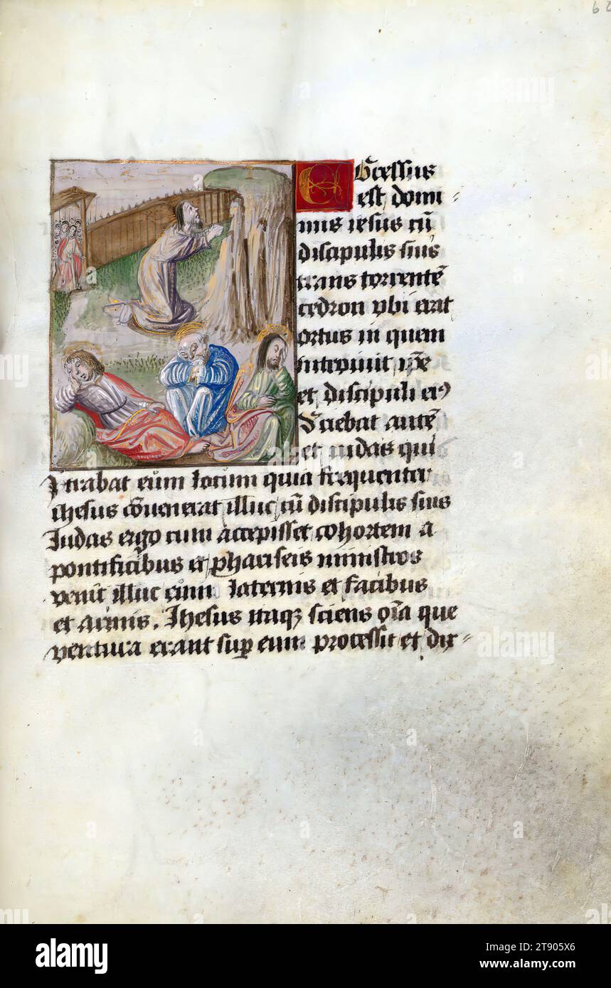 Livre de prières, Christ priant dans le jardin de Gethsémani, ce livre de prières illuminé du début du XVIe siècle contient des prières latines et des passages des Évangiles. Bien que de petite taille, il est remarquable pour son abondance d'illuminations, avec près de soixante petites miniatures existantes. Les portraits en couleur embellissent les prières à la Vierge et aux suffrages, tandis que les images dans le récit de l'Évangile sont rendues principalement en grisaille, une technique monochrome presque entièrement grise. Les derniers folios comprennent une marge foliée trompe-l'oeil et une Crucifixion qui semble être un ajout ultérieur Banque D'Images