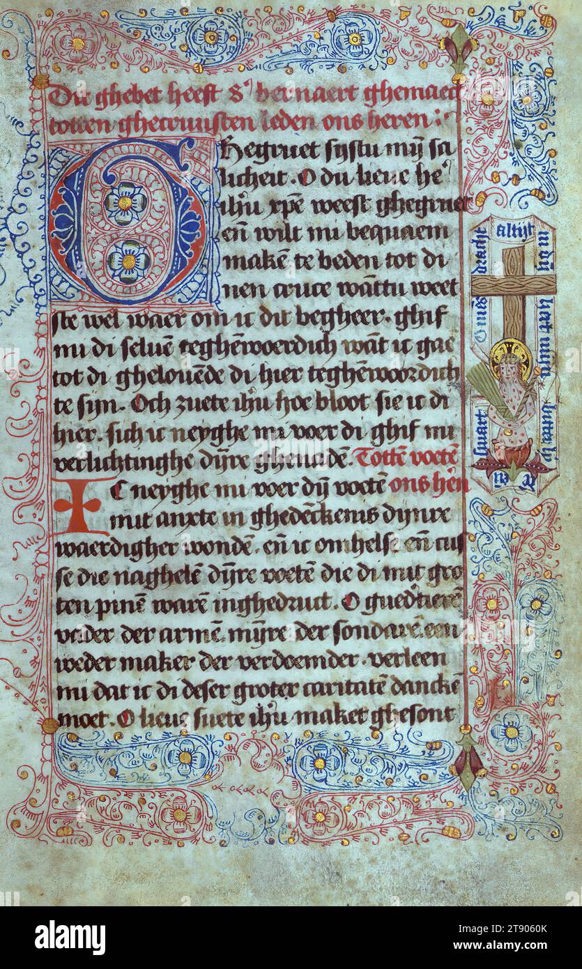 Livre de prières, Christ avec les instruments de la passion, ce livre de prières a été écrit en néerlandais ca. 1475. Il est remarquable pour sa miniature pleine page présentant les prières, qui représente une horloge contenant la couronne d ' épines, centrée entre les noms du Christ et de la Vierge en or et en bleu. Une référence à la signification mystique de l'horloge se trouve dans le manuscrit, qui contient le texte de Henry Suso sur l'horloge de la sagesse éternelle Banque D'Images