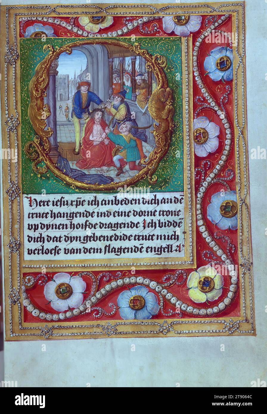 Aussem heures, moquerie du Christ, avec des bijoux illusionnistes en marges, ce livre des heures du début du XVIe siècle a été réalisé pour la famille Aussem à Cologne, Allemagne, une provenance proclamée par héraldique familiale dans le manuscrit, ainsi que les armoiries de Cologne estampillées sur sa reliure en cuir d'origine. Richement illuminé tout au long de miniatures pleine page et d'initiales historiées, le manuscrit est tout aussi remarquable pour les décorations marginales qui entourent les scènes figuratives Banque D'Images