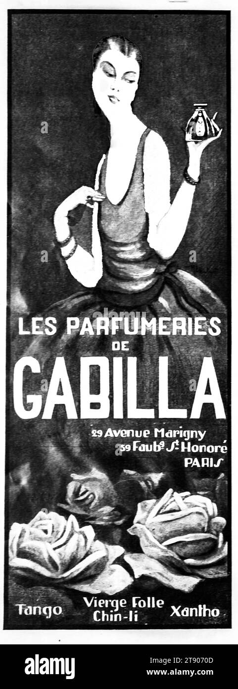Une élégante publicité des années 1920 pour les parfums Gabilla, mettant en vedette une dame sophistiquée et des noms de parfum. Banque D'Images