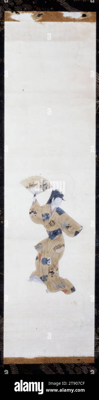 Danseuse en éventail, première moitié du 17e siècle, attribuée à Iwasa Matabei, japonaise, 1578 - 1650, 37 3/8 x 10 1/4 po. (95 x 26 cm) (image)72 1/16 x 15 3/8 pouces (183 x 39 cm) (montage) 34 cm W/rouleaux, encre, couleur et or sur papier, Japon, Nikuhitsu ukiyo-e Banque D'Images