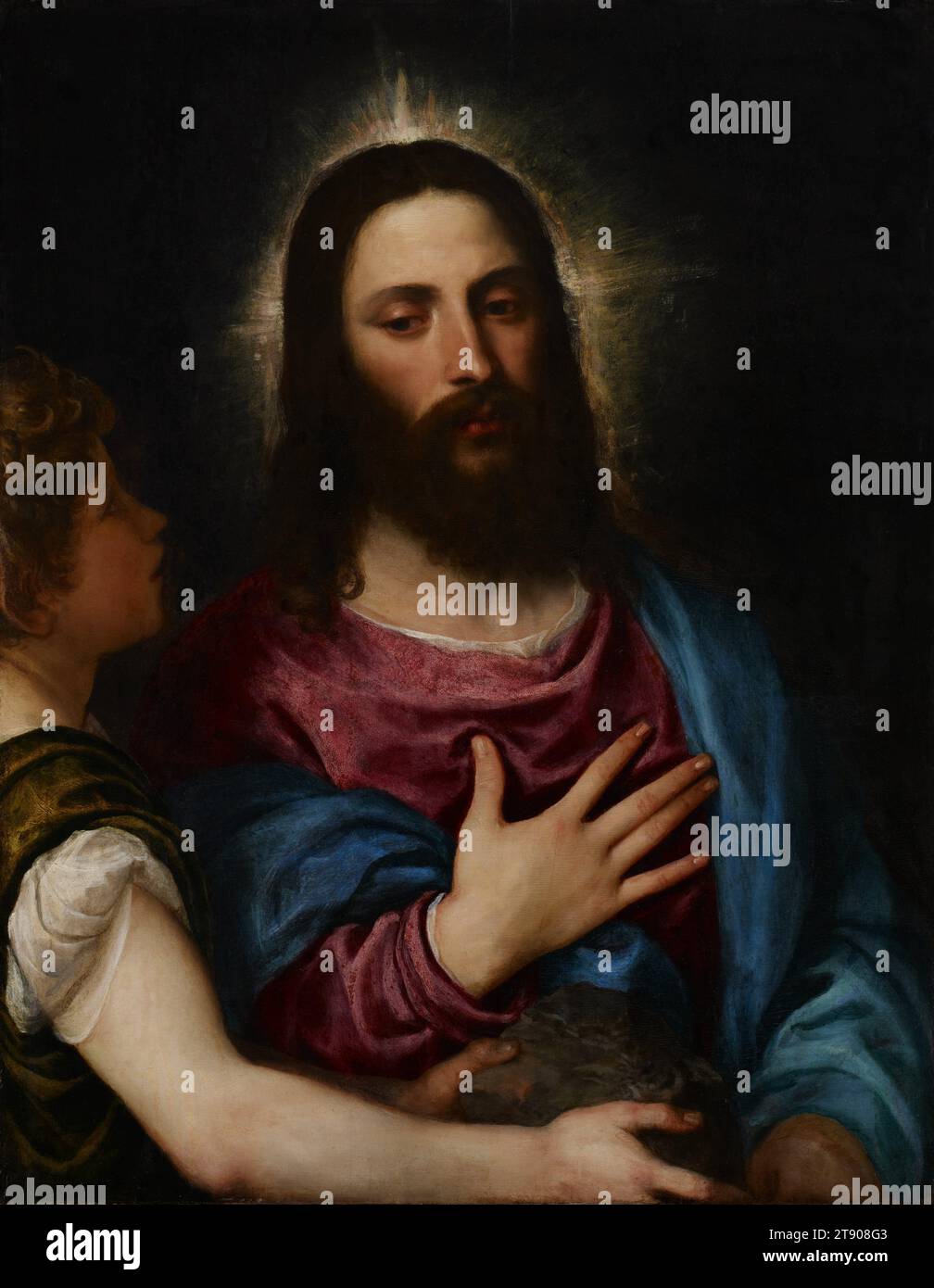 La tentation du Christ, c. 1516-25, Titien (Tiziano Vecelli), Italien, (Venise), 1488/90–1576, 35 3/8 x 27 7/16 po (89,85 x 69,69 cm), huile sur panneau, Italie, 16e siècle, cette peinture dépeint l'une des trois tentations auxquelles le Christ a fait face pendant ses quarante jours de jeûne dans le désert, racontée dans Matthieu 4:1-4. Christ est tenté par un jeune démon qui présente une pierre et défie Christ d'accomplir le miracle de la transformer en pain, prouvant ainsi qu'il est vraiment le fils de Dieu. Christ refuse, disant : «On ne vit pas seulement de pain, mais de chaque parole qui vient de la bouche de Dieu Banque D'Images