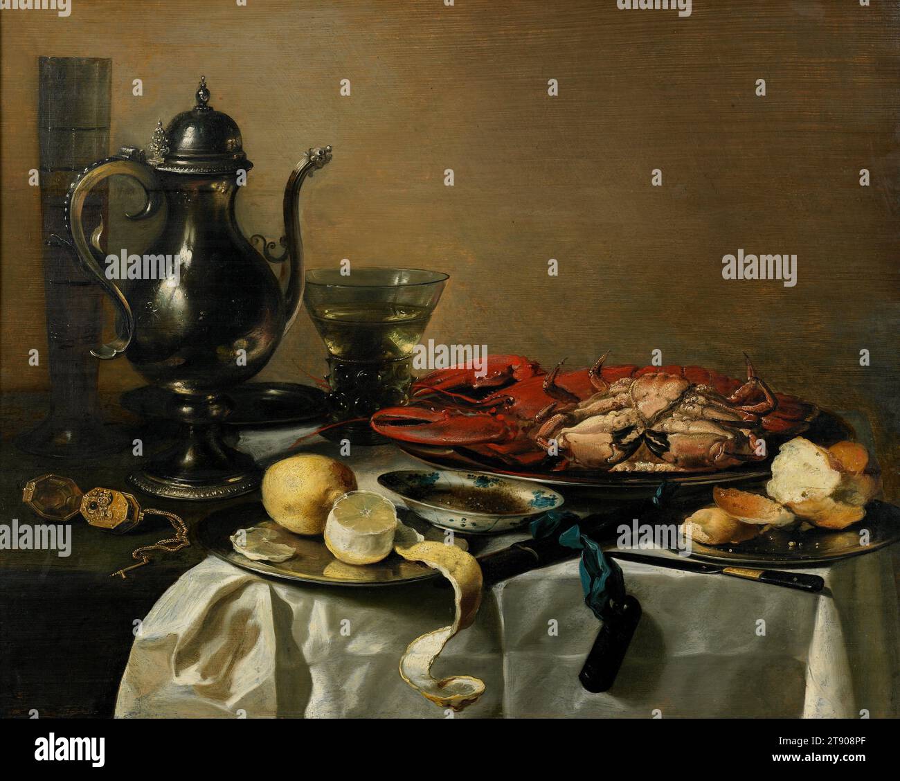 Nature morte, 1643, Pieter Claesz., néerlandais, 1597-1661, 27 1/8 x 34 3/4 x 1 1/4 po (68,9 x 88,27 x 3,18 cm) (panneau), huile sur panneau, pays-Bas, 17e siècle, Claesz était l'un des peintres néerlandais de natures mortes les plus importants des années 1600, représentant des objets avec un sens extraordinaire du naturalisme. Tout sur la table, du verre cannelé au gobelet en passant par le homard et le crabe, est en effet réaliste. Vous pouvez presque sentir les citrons. Les Néerlandais affichaient fièrement des symboles de statut si coûteux dans leurs maisons, la nourriture exotique et les possessions matérielles leur rappelant les bonnes choses de la vie Banque D'Images