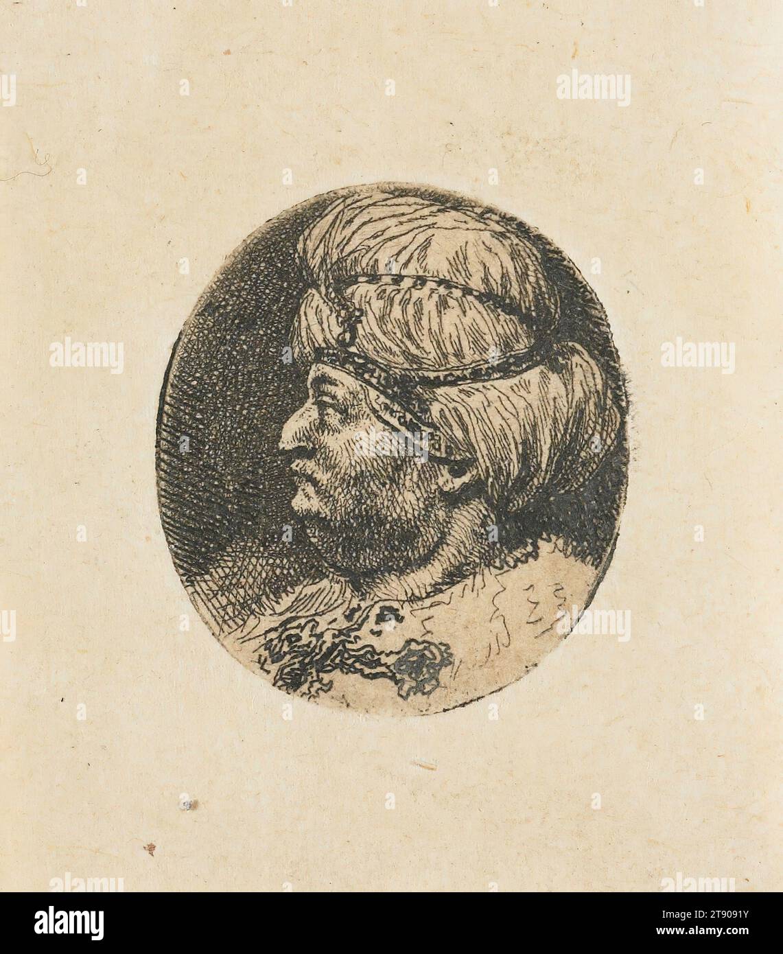 Tête d'un homme au Turban orné de perles de profil, 1779, Jean-Pierre Norblin de la Gourdaine, polonais, (né en France), 1745–1830, 1 x 1 1/8 po. (2,6 x 2,9 cm) (image)2 x 1 3/4 pouces (5,1 x 4,5 cm) (feuille), gravure, Pologne, 18e siècle, Jean-Pierre Norblin de la Gourdaine était un peintre et graveur français actif en Pologne à la fin du 18e siècle. Les charmantes gravures miniatures de Norblin, représentant principalement des têtes masculines, des vendeurs de rue et des vagabonds, reflètent à la fois dans le sujet et la technique l'influence profonde des gravures de Rembrandt. Banque D'Images