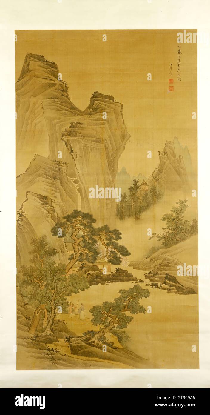 Paysage au Pavillon Pingshan, 1670, Zhang Sheng, 17e siècle, 69 1/8 x 37 3/4 po. (175,58 x 95,89 cm) (image), encre et couleur sur soie, Chine, 17e siècle, après la famille de LAN Ying (1585-1664), Zhanggu (actif 1644-1669) et son fils, Zhang Sheng, ont sans doute été la famille la plus importante de peintres professionnels travaillant à Hangzhou au XVIIe siècle. Zhang Sheng était un artiste conservateur qui a continué la tradition des cinq dynasties et Song de la peinture de paysage monumentale. Le présent travail a été achevé en 1670 au début de la période de maturité de Zhang en tant qu'artiste. Banque D'Images