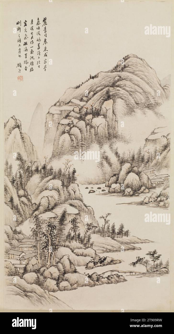 Paysage à la manière de Wang Yuanqi, c. 1875, Gu Yun, Chinois, 1835 - 1896, 33 3/4 x 18 5/8 po (85,73 x 47,31 cm) (image)82 3/4 x 23 3/16 pouces (210,19 x 58,9 cm) (total, sans rouleau), couleurs claires et encre sur papier, Chine, 19e siècle, Un lettré respecté vivant à Suzhou à la fin du Qing, Gu Yun a été envoyé comme envoyé au Japon en 1887. Sa peinture suit généralement à la manière de l'école orthodoxe Qing de peinture de paysage à l'encre définie par les soi-disant quatre Wangs : Wang Shimin (1592-1680), Wang Jian (1598-1677), Wang Yuanqi (1642-1715) et Wang hui (1632-1717). Banque D'Images