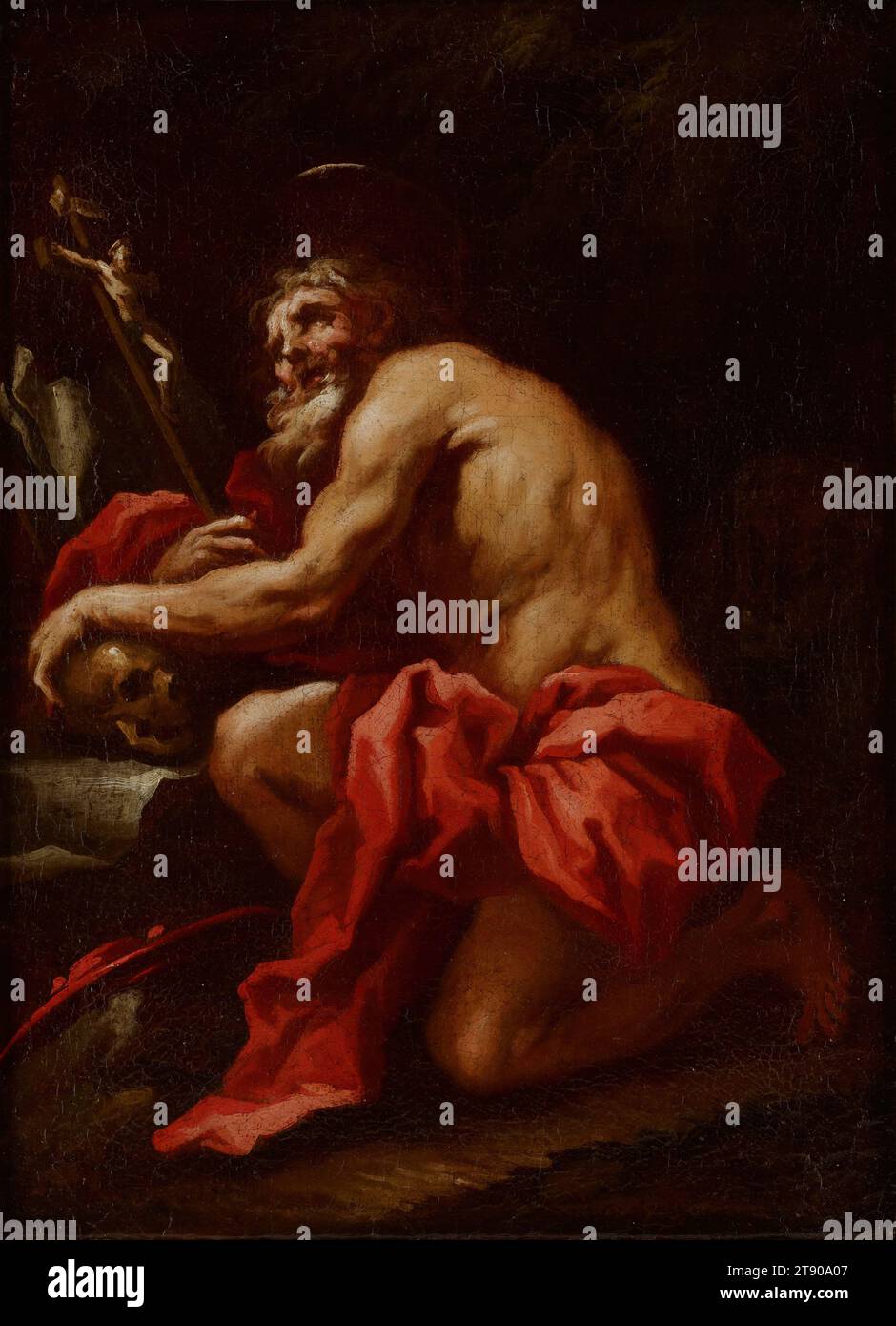 St. Jérôme dans le désert, c. 1700, cercle de Paolo Pagani, italien, 1661 - 1716, 16 x 11 9/16 po. (40,64 x 29,37 cm) (vue)22 3/4 x 18 1/8 po (57,79 x 46,04 cm) (cadre extérieur), huile sur toile, Italie, 18e siècle, la composition de ce St. Jérôme d'un artiste italien inconnu dérive finalement d'une gravure célèbre de 1602 d'Agostino Carracci (1557-1602). Bien que l'esprit général de l'œuvre soit bolognais et rappelle Ludovico Carracci (1555-1619), la manipulation lâche, en particulier dans la tête du saint, indique une date d'exécution à la fin du 17e siècle ou au début du 18e siècle Banque D'Images