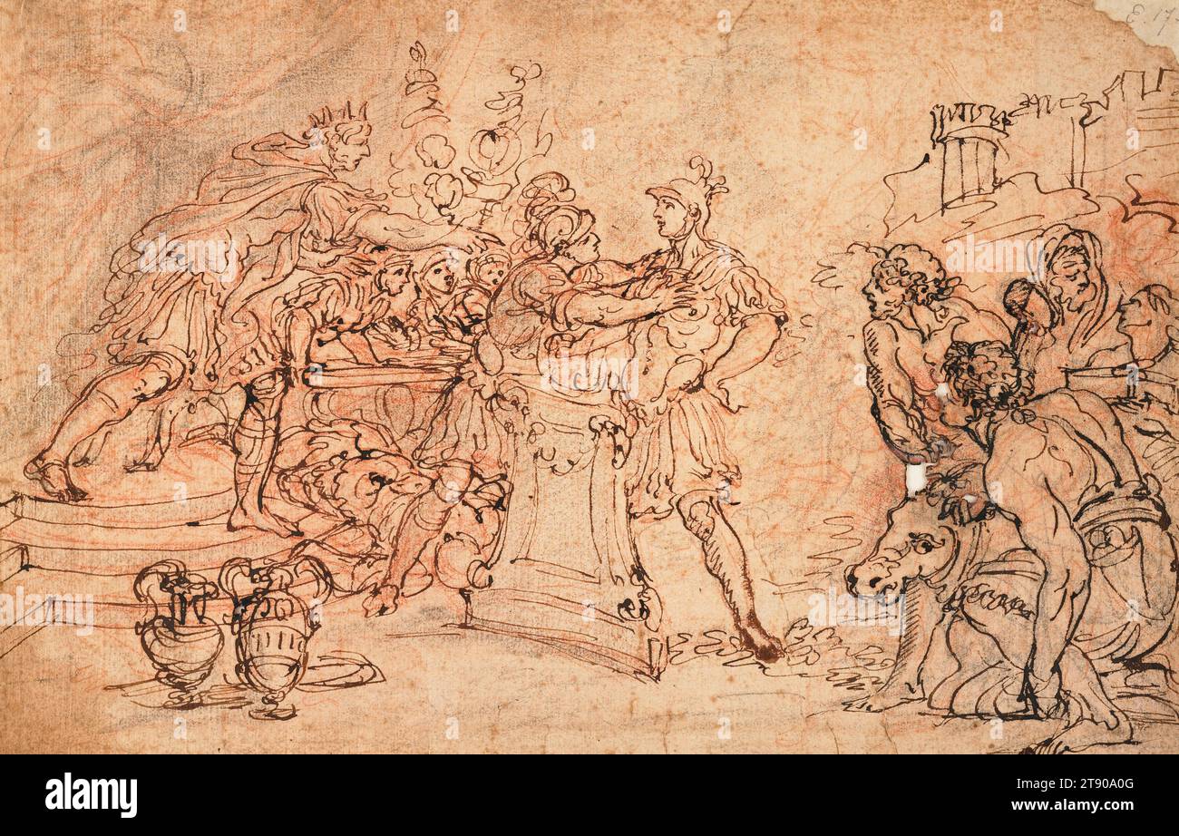 Mucius Scaevola Before Porsena, années 1740, Gaspare Diziani, Italien, 1689-1767, 10 1/2 x 16 7/16 po (26,67 x 41,75 cm) (feuille), stylo et encre brune, craie noire et rouge, Italie, 18e siècle, l'histoire ancienne de Mucius Scaevola était un sujet populaire dans l'art italien des 17e et 18e siècles Lorsque la ville antique de Rome a été attaquée par les troupes étrusques, un jeune noble romain Mucius s'est glissé dans le camp ennemi pour tuer le roi de l'armée d'invasion, Porsena. Mucius, cependant, a été capturé après avoir tué le secrétaire du roi par erreur. Indifférent à son destin apparemment scellé, Mucius sacrifia sa main droite Banque D'Images