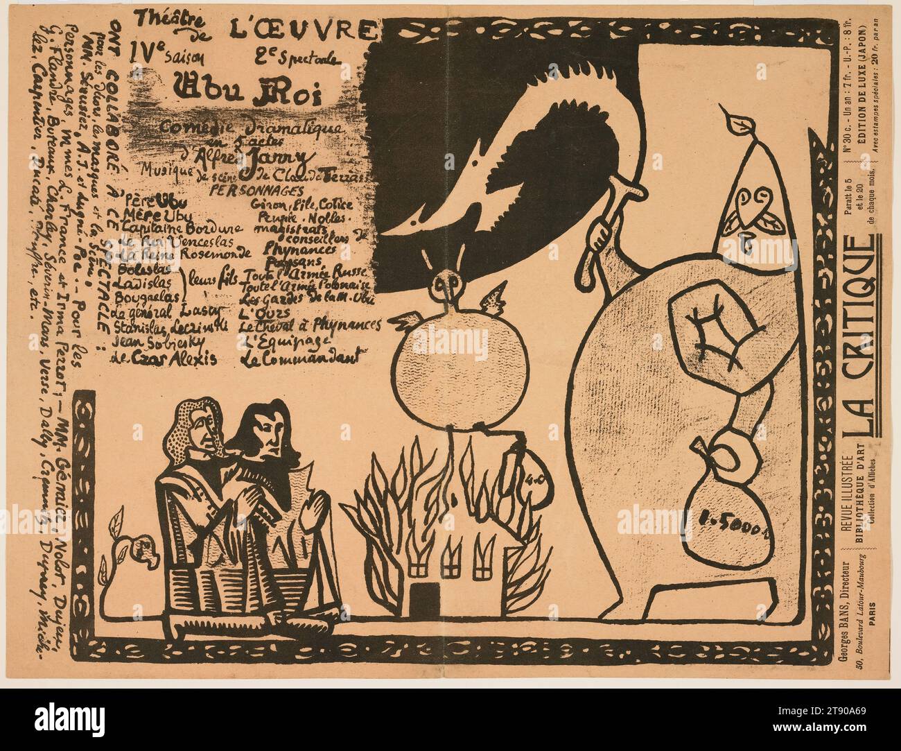 Programme pour le roi Ubu (Ubu Roi), 1896, Alfred Jarry ; Éditeur : Théâtre de l'oeuvre, Paris, Français, 1873-1907, 9 3/4 x 12 13/16 po. (24,77 x 32,54 cm) (feuille, dépliée), Lithographie sur papier brun clair ; feuille pliée, France, 19e siècle, l'auteur français Alfred Jarry est surtout connu pour sa pièce 'Ubu Roi' (Roi Ubu). La pièce en cinq actes de Jarry est créée le 10 décembre 1896 au Théâtre de l'oeuvre à Paris. La pièce était une farce scatologique qui caricaturait la royauté et l'abus de pouvoir avec le personnage principal Ubu symbolisant l'injustice et la cupidité. L'humour iconoclaste du programme Banque D'Images