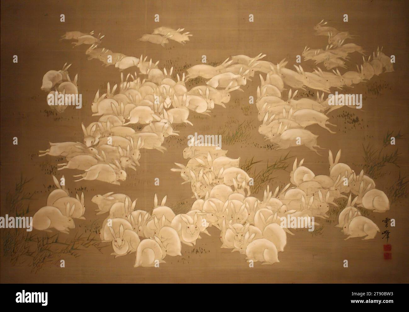 Cent lapins, première moitié du 19e siècle, Ōoka Unpō, japonais, 1765 - 1848, 17 7/8 × 25 11/16 po. (45,4 × 65,25 cm) (image)45 11/16 × 28 7/16 po (116,05 × 72,23 cm) (monture, sans rouleau), encre et couleurs sur soie, Japon, 19e siècle Banque D'Images