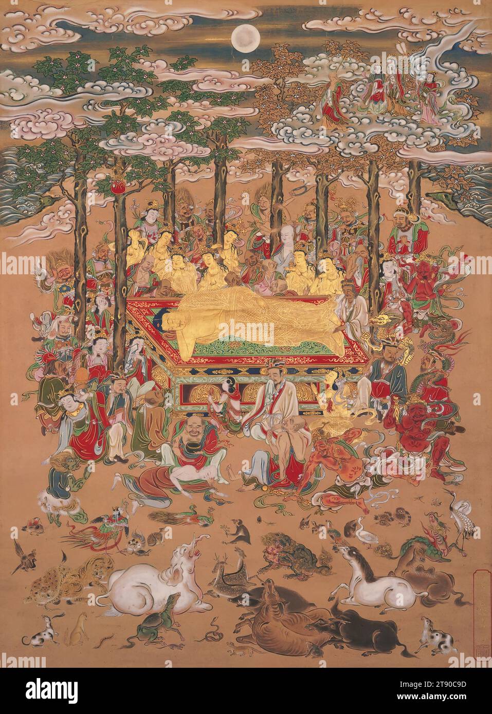 Parinirvana de Sakyamuni, le Bouddha historique, fin du 17e siècle, Hanabusa Itchō, japonais, 1652 - 1724, 24 1/2 × 18 1/8 po (62,23 × 46,04 cm) (image)61 1/8 × 24 1/16 po (155,26 × 61,12 cm) (sans rouleaux), encre, couleur et or sur papier, Japon, 17e siècle, cette peinture représente la mort de Sakyamuni, le Bouddha historique, en 438 av. J.-C. le prince indien devenu sage est montré allongé sur son côté, ayant livré ses enseignements finaux. Au moment de sa mort, le Bouddha entrerait dans le nirvana. Autour de lui se trouvent ses disciples en robes de moines, un groupe de cinq bodhisattvas Banque D'Images