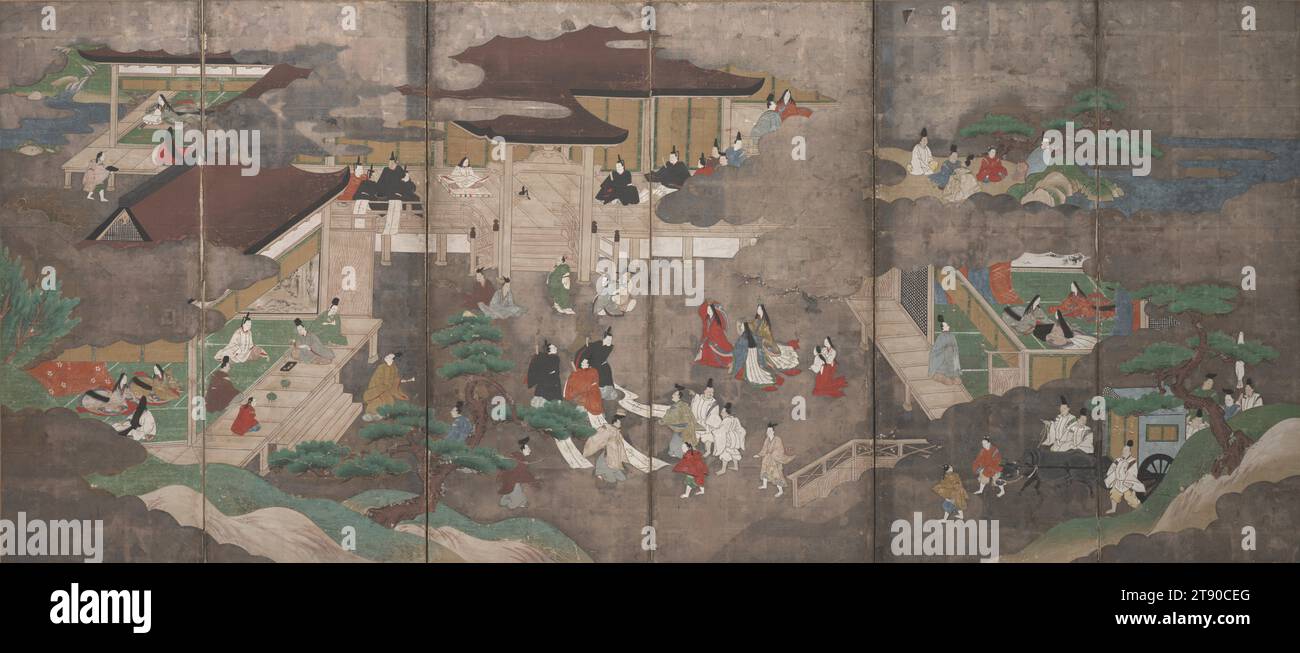 Scènes du Conte de Genji sur sol argenté à gauche d'une paire, 18e siècle, Japonais inconnu, 62 × 141 1/2 po. (157,48 × 359,41 cm) (image)68 1/8 × 147 3/4 × 3/4 po (173,04 × 375,29 × 1,91 cm) (monture), encre et couleur sur papier à feuilles argentées, Japon, 18e siècle, alors que de nombreux artistes japonais ont utilisé beaucoup de peinture dorée et de feuilles dorées sur des écrans pliants, l'artiste de cette paire a utilisé des feuilles d'argent à la place. Au fil du temps, la feuille d'argent s'oxyde et tourne une teinte grise fumée mais conserve son éclat métallique. Les écrans présentent une sélection de scènes du Conte du Genji dans aucun ordre particulier. Banque D'Images