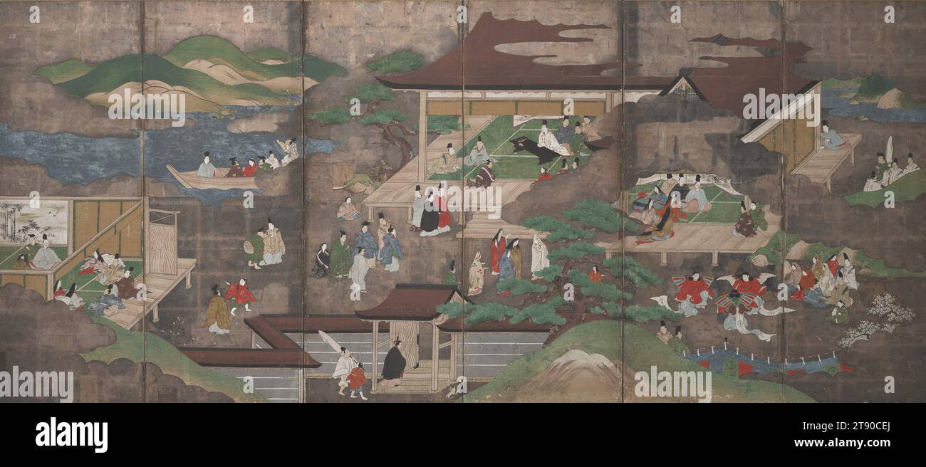 Scènes du Conte de Genji sur sol argenté droit d'une paire, 18e siècle, Japonais inconnu, 62 × 141 1/2 po. (157,48 × 359,41 cm) (image)68 × 147 7/8 × 3/4 po (172,72 × 375,6 × 1,91 cm) (monture), encre et couleur sur papier à feuilles argentées, Japon, 18e siècle, alors que de nombreux artistes japonais ont utilisé beaucoup de peinture dorée et de feuilles dorées sur des écrans pliants, l'artiste de cette paire a utilisé des feuilles d'argent à la place. Au fil du temps, la feuille d'argent s'oxyde et tourne une teinte grise fumée mais conserve son éclat métallique. Les écrans présentent une sélection de scènes du Conte du Genji dans aucun ordre particulier. Banque D'Images