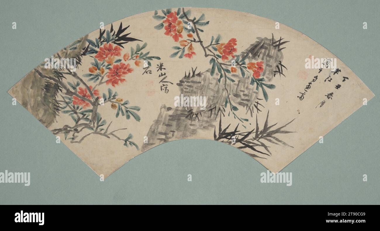 Roches et fleurs, 1817, Okada Beisanjin ; artiste : Okada Hankō, Japonais, 1782 - 1846, 8 3/4 × 19 3/4 po (22,23 × 50,17 cm) (image)12 1/2 × 22 3/8 × 13/16 po (31,75 × 56,83 × 2,06 cm) (cadre extérieur), encre et couleur sur papier, Japon, 19e siècle, ce travail montrant deux formations rocheuses ainsi que les branches d'un arbre aux fleurs rouge-orangé vif a été créé comme une collaboration entre Okada Hankō et son père, peintre amateur notable et marchand de riz à succès (son nom d'artiste, Beisanjin, signifie littéralement « Homme de la montagne du riz »). L'inscription à l'extrême droite est du fils, Hankō Banque D'Images