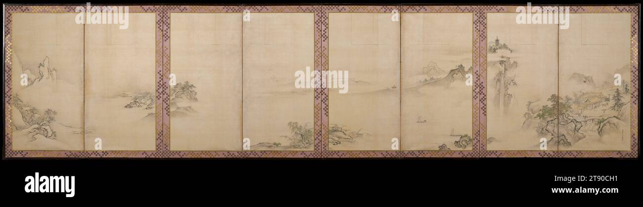 Huit vues des rivières Xiao et Xiang, 1663, Kano Tan'yū, japonais, 1602 - 1674, 33 7/8 × 141 3/16 po (86,04 × 358,62 cm) (image), encre et couleur claire sur soie, Japon, 17e siècle, en haut au centre de chaque panneau se trouvent des rectangles verticaux dessinés, comme s'ils étaient incomplets et auraient dû être remplis de poèmes Banque D'Images