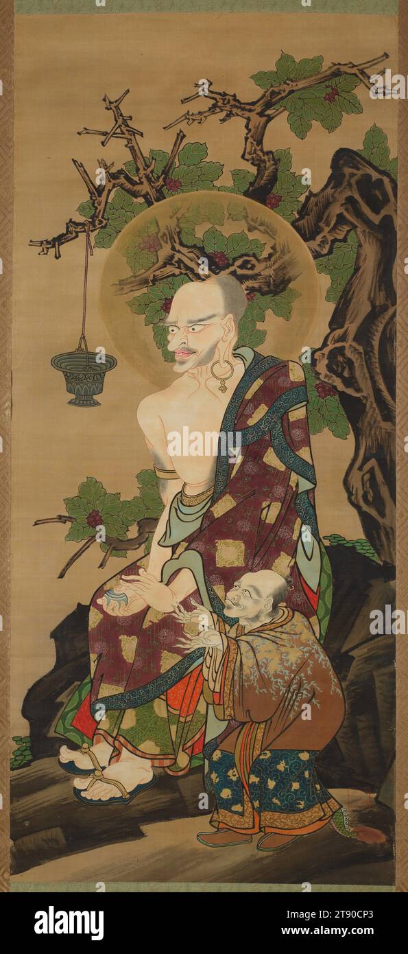 Arhat avec joyau de vœu et accompagnateur, un d'une paire, 1850, Kano Kazunobu, Japonais, 1816 - 1863, 46 3/16 × 20 7/16 po (117,32 × 51,91 cm) (image)78 3/8 × 25 1/2 po (199,07 × 64,77 cm) (sans rouleau), encre, couleur, or sur soie, Japon, 19e siècle, Kazunobu, peintre récemment réévalué de la célèbre école Kanō, a reçu de prestigieuses commandes de temples bouddhistes et a été honoré par la Cour impériale en 1856 pour son talent avec le titre honorifique 'Hokkyō' (Pont de la loi). Son travail présente des techniques occidentales, telles que le raccourcissement Banque D'Images