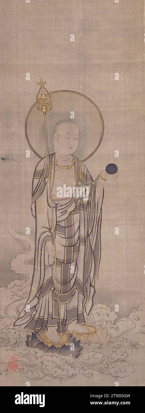 Accueil descente de Jizō, Bodhisattva de la matrice terrestre, début du 19e siècle, Sakai Hōitsu, japonais, 1761 - 1828, 32 7/8 × 12 3/8 po (83,5 × 31,43 cm) (image)60 1/2 × 17 3/4 po (153,67 × 45,09 cm) (monture), encre, couleur et or sur soie, Japon, 19e siècle, les bouddhistes japonais adorent Jizō comme une divinité compatissante avec la capacité de sauver les croyants souffrants, en particulier ceux qui ont renaître en enfer. Ici, Jizō descend des cieux sur une banque de nuages sous le couvert d'un moine bouddhiste, avec une tête rasée et portant les vêtements en soie à panneaux multiples portés par les moines ordonnés. Banque D'Images