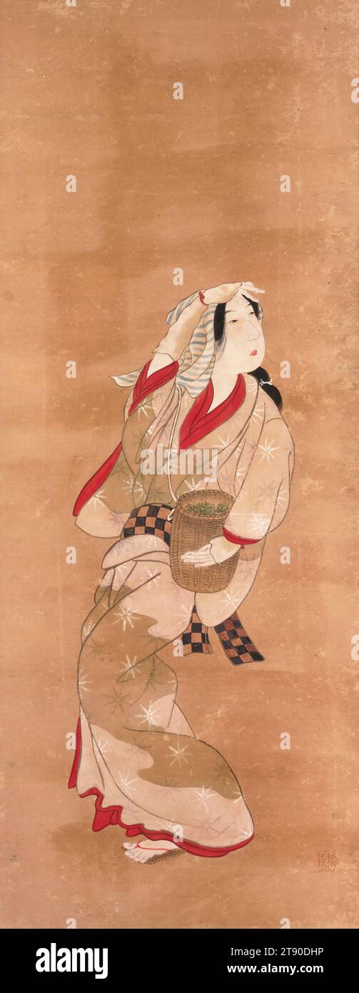 Tea Picker Left of a pair of Women, début du 19e siècle, Tatebe Sōchō, Japonais, 1761 - 1814, 50 5/8 × 19 5/8 po (128,59 × 49,85 cm) (image)77 7/8 × 26 3/16 po (197,8 × 66,52 cm) (support, sans rouleau), encre et couleur sur papier, Japon, 19e siècle Banque D'Images