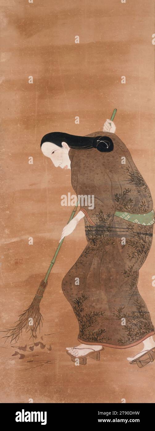 Femme balayant à droite une paire de femmes, début du 19e siècle, Tatebe Sōchō, japonais, 1761 - 1814, 50 5/8 × 19 9/16 po (128,59 × 49,69 cm) (image)77 3/4 × 26 3/16 po (197,49 × 66,52 cm) (support, sans rouleau), encre et couleur sur papier, Japon, 19e siècle Banque D'Images